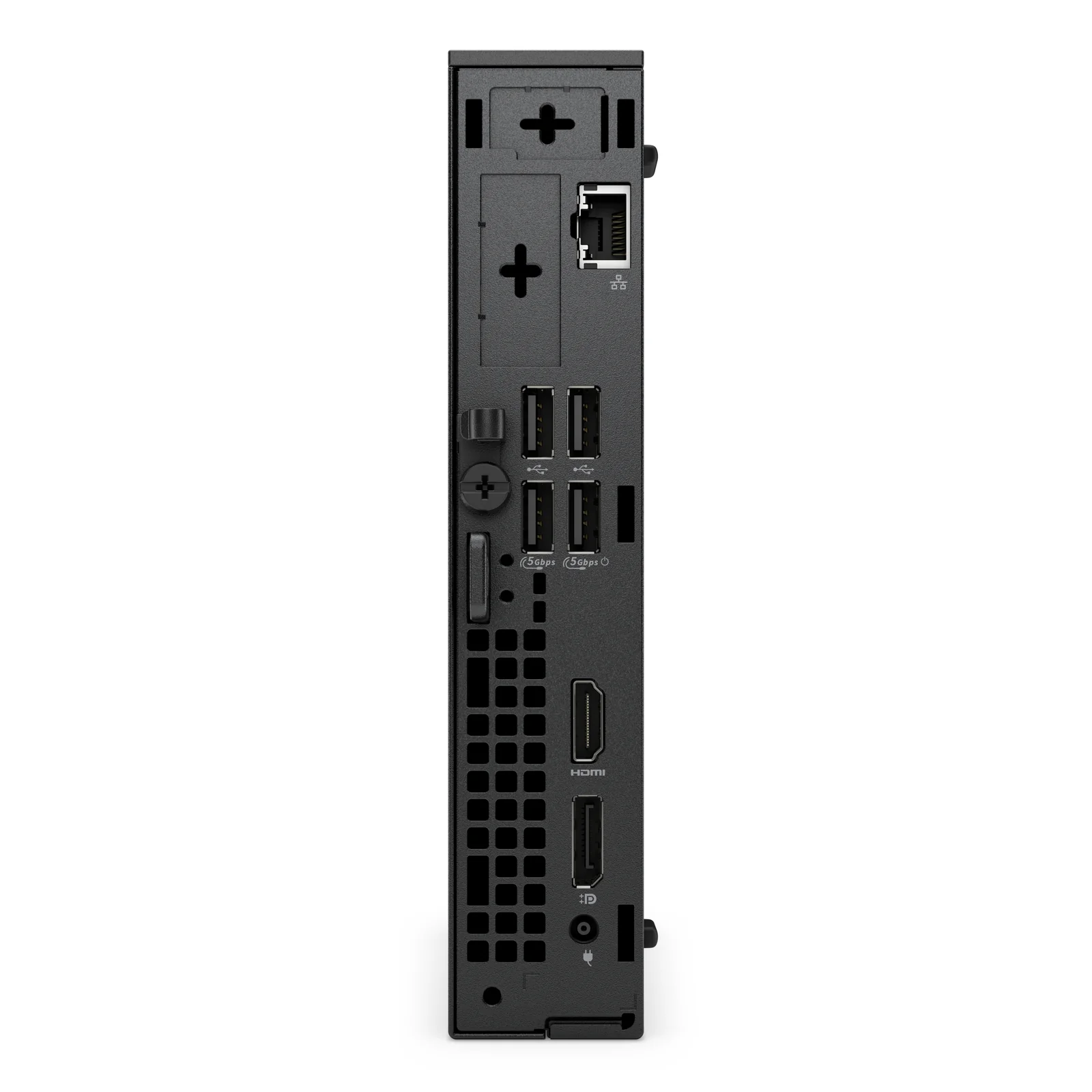Dell Pro QCM1250 micro-PC noir, panneau arrière avec ports USB, HDMI, DisplayPort et RJ-45