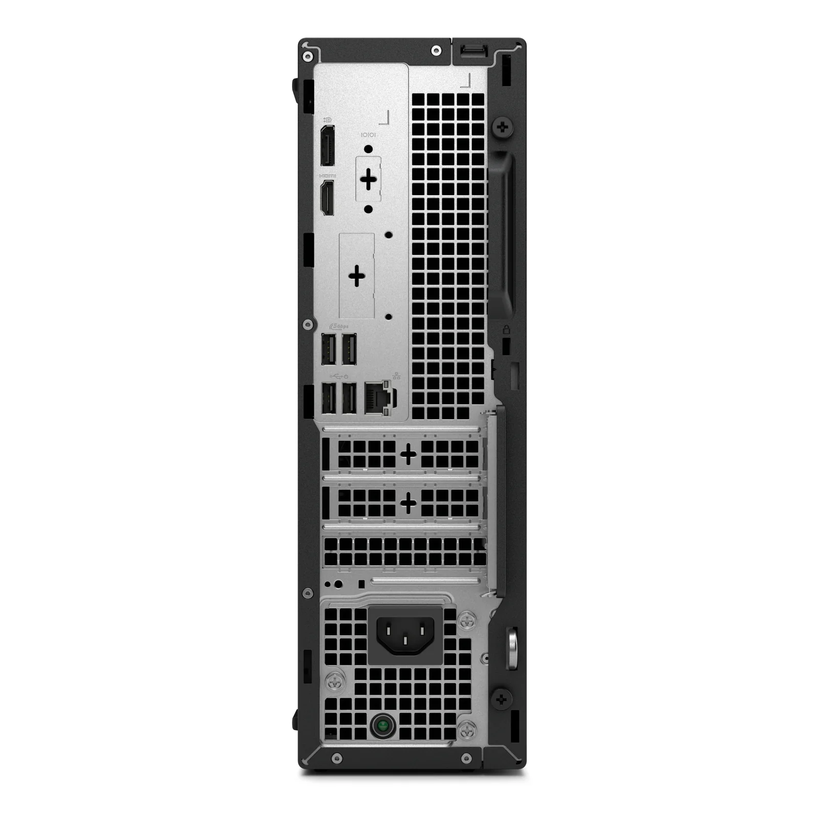 Panneau arrière du PC avec DisplayPort, HDMI, ports USB, prise RJ-45 Ethernet et alimentation secteur