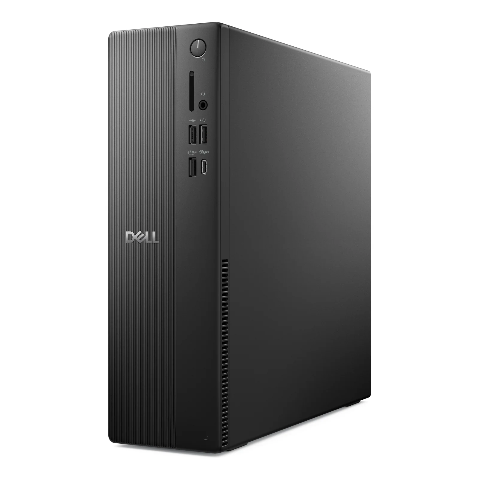 Vue de trois quarts du PC slim noir avec ports USB-A et USB-C en façade et lecteur SD