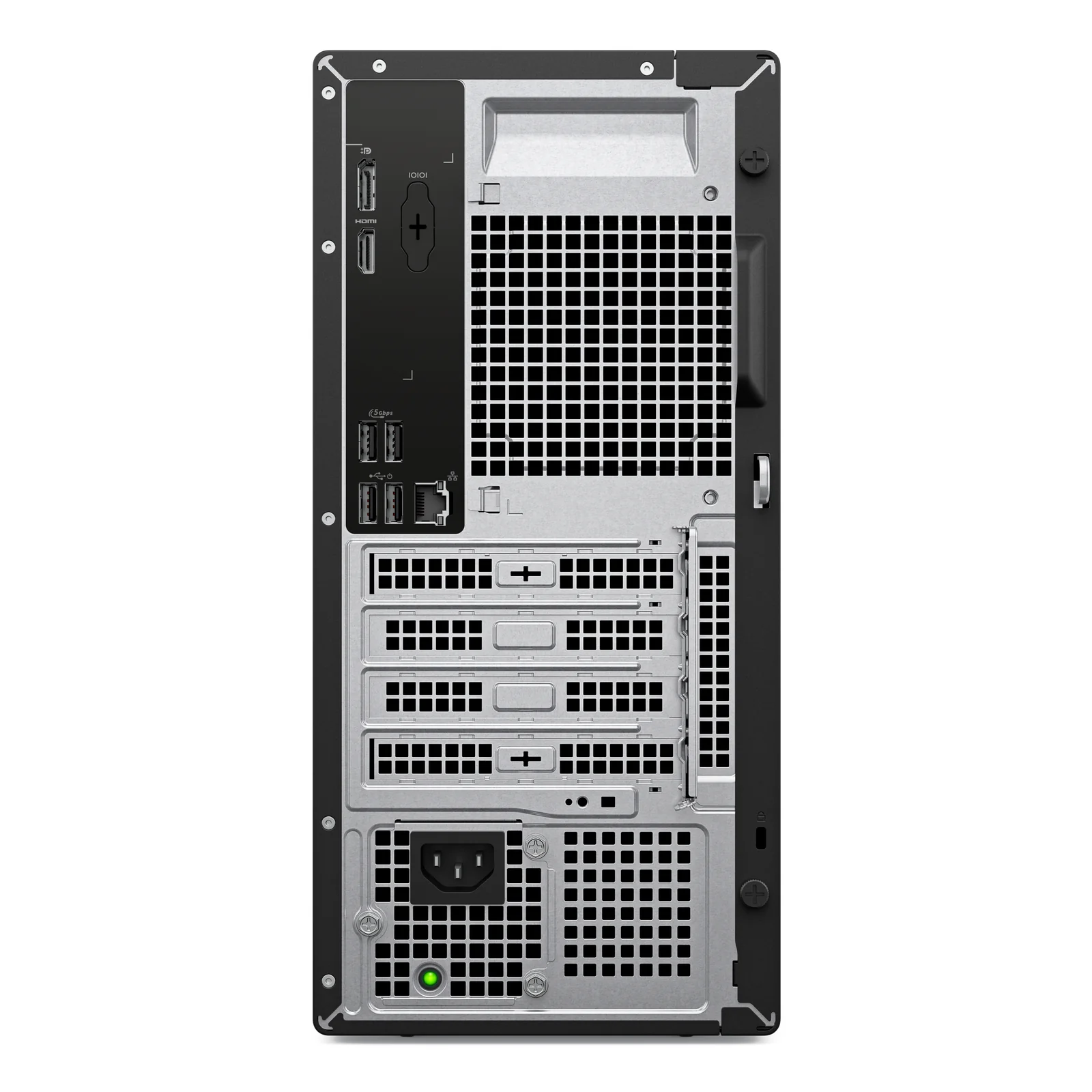 Vue arrière de la tour avec DisplayPort, HDMI, ports USB, RJ-45 Gigabit, quatre slots PCIe pleine hauteur et bloc d'alimentation