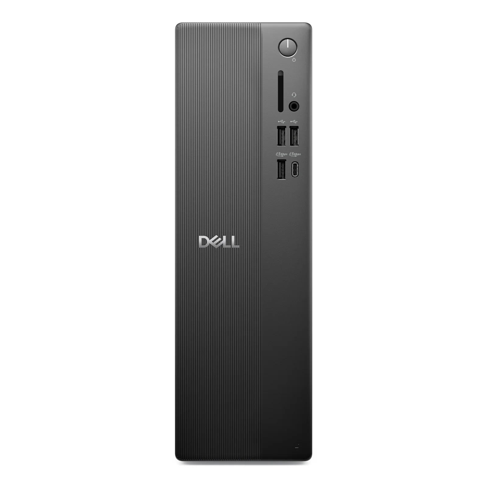 Vue de face complète du PC Slim noir au design vertical mince, façade rainurée et logo Dell central