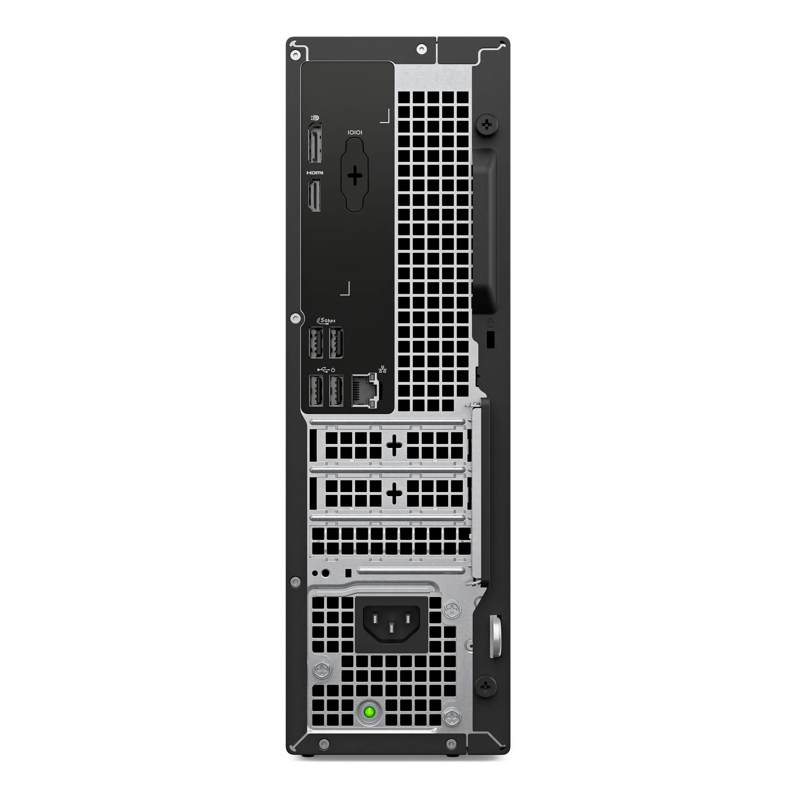 Vue arrière du PC Slim avec DisplayPort, HDMI, 4 USB-A, port RJ-45, prise IEC d'alimentation et 2 fentes d'extension PCIe