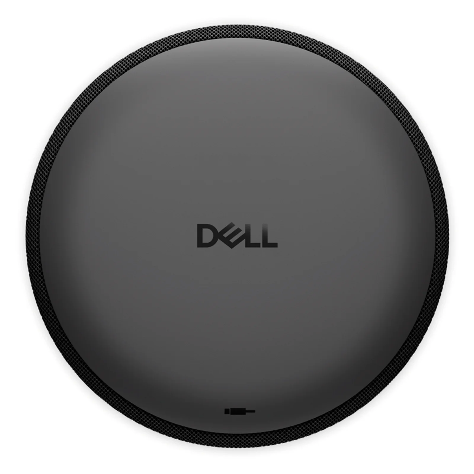Vue de dessous du speakerphone montrant le socle plastique gris foncé et le logo Dell ainsi que l'indicateur d'état