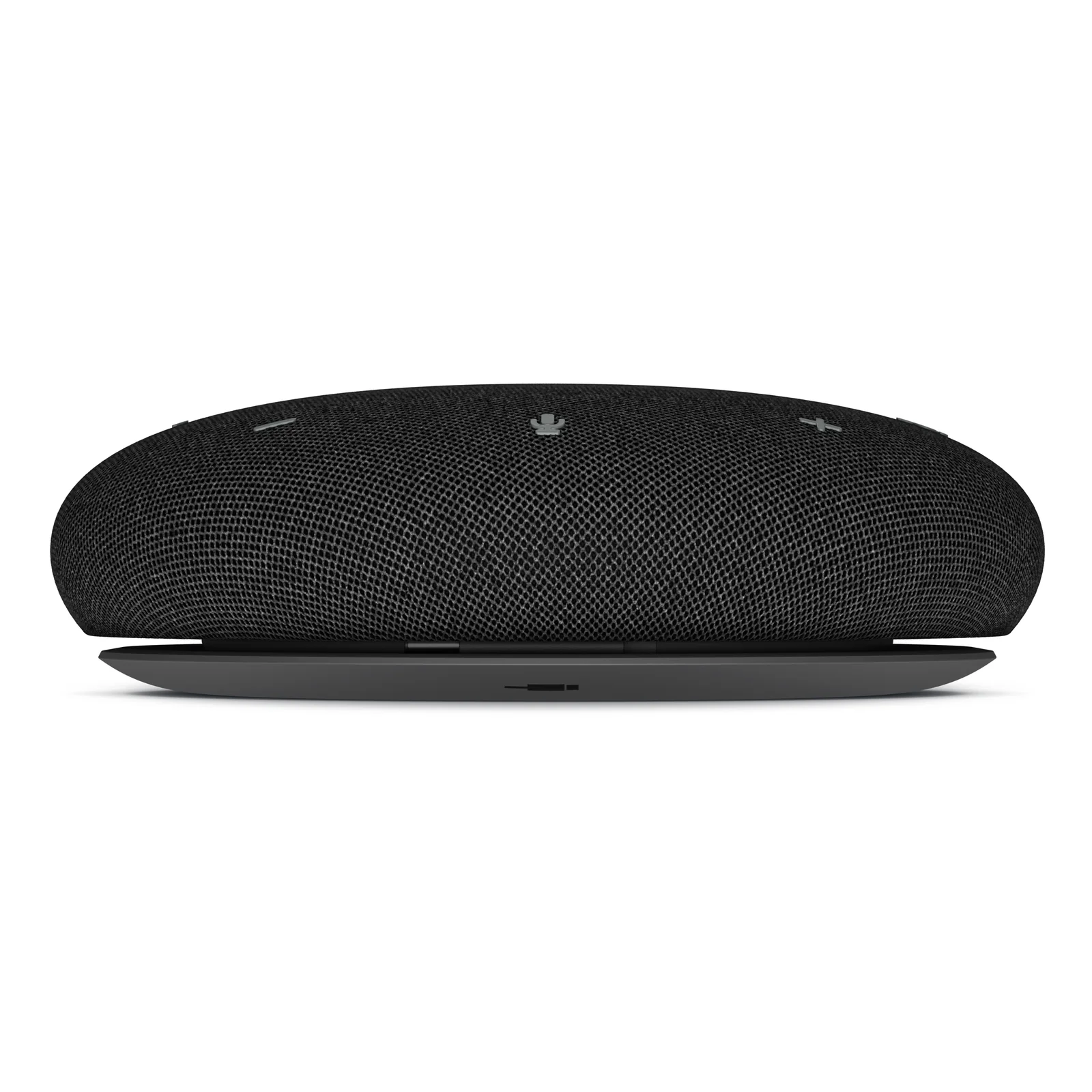 Gros plan zénithal de la grille en tissu avec icônes des boutons décrochage, raccourci Teams, volume et microphone