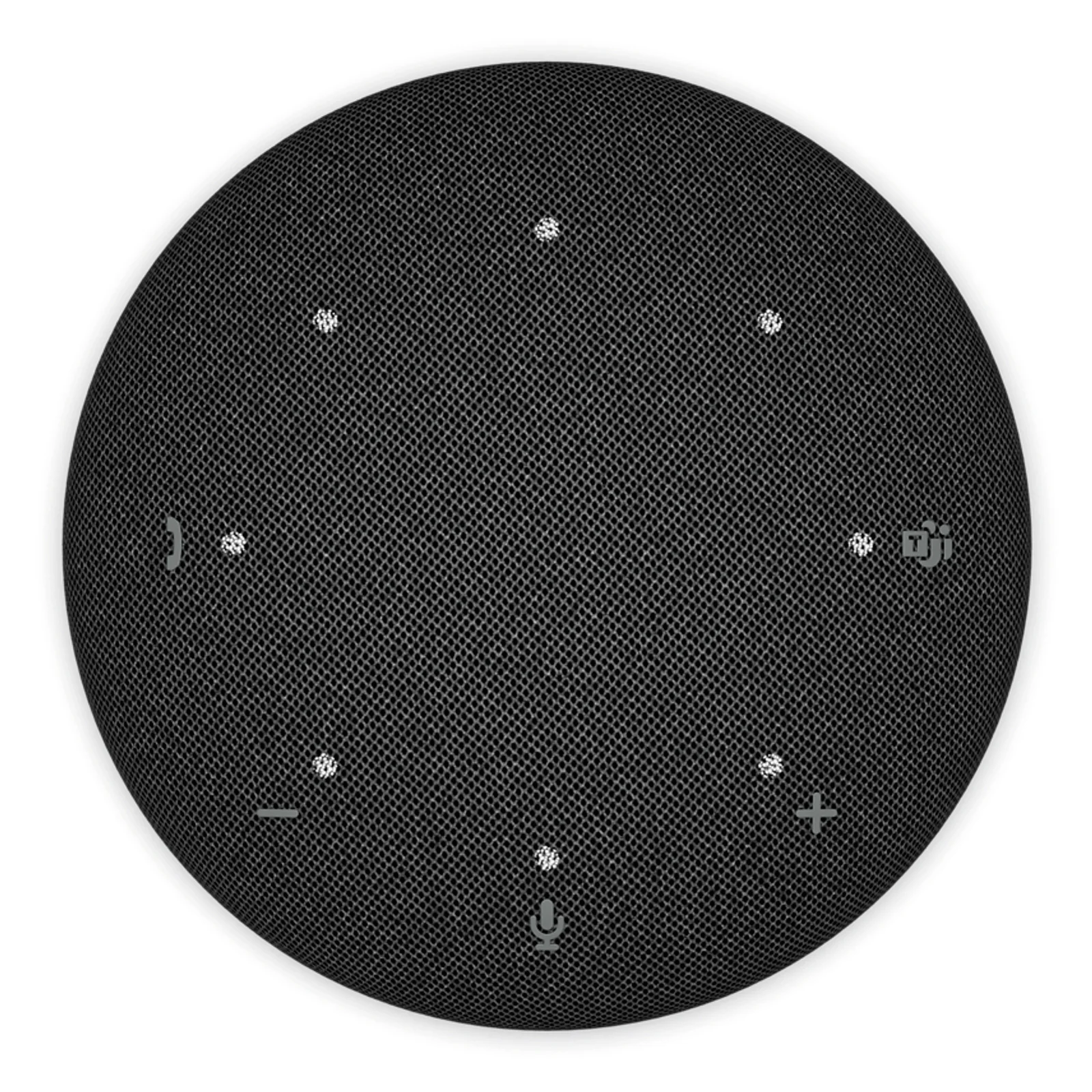 Vue de profil latérale du speakerphone montrant la silhouette galet, la grille tissu bombée et le socle fin