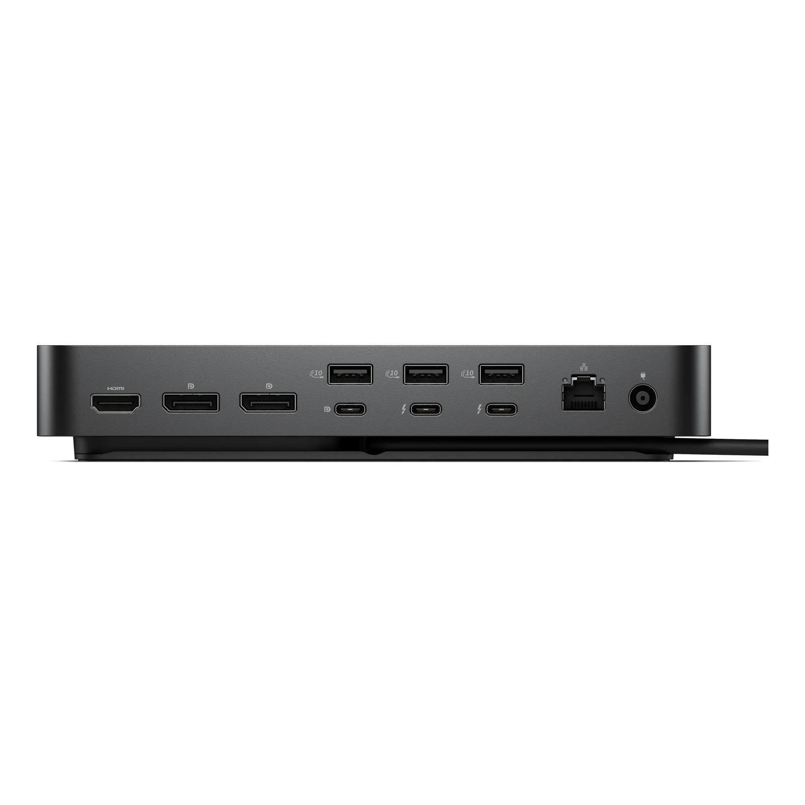 Vue arrière de la station d'accueil avec port HDMI, deux DisplayPort, trois USB-A, trois ports USB-C dont deux Thunderbolt, Ethernet et alimentation