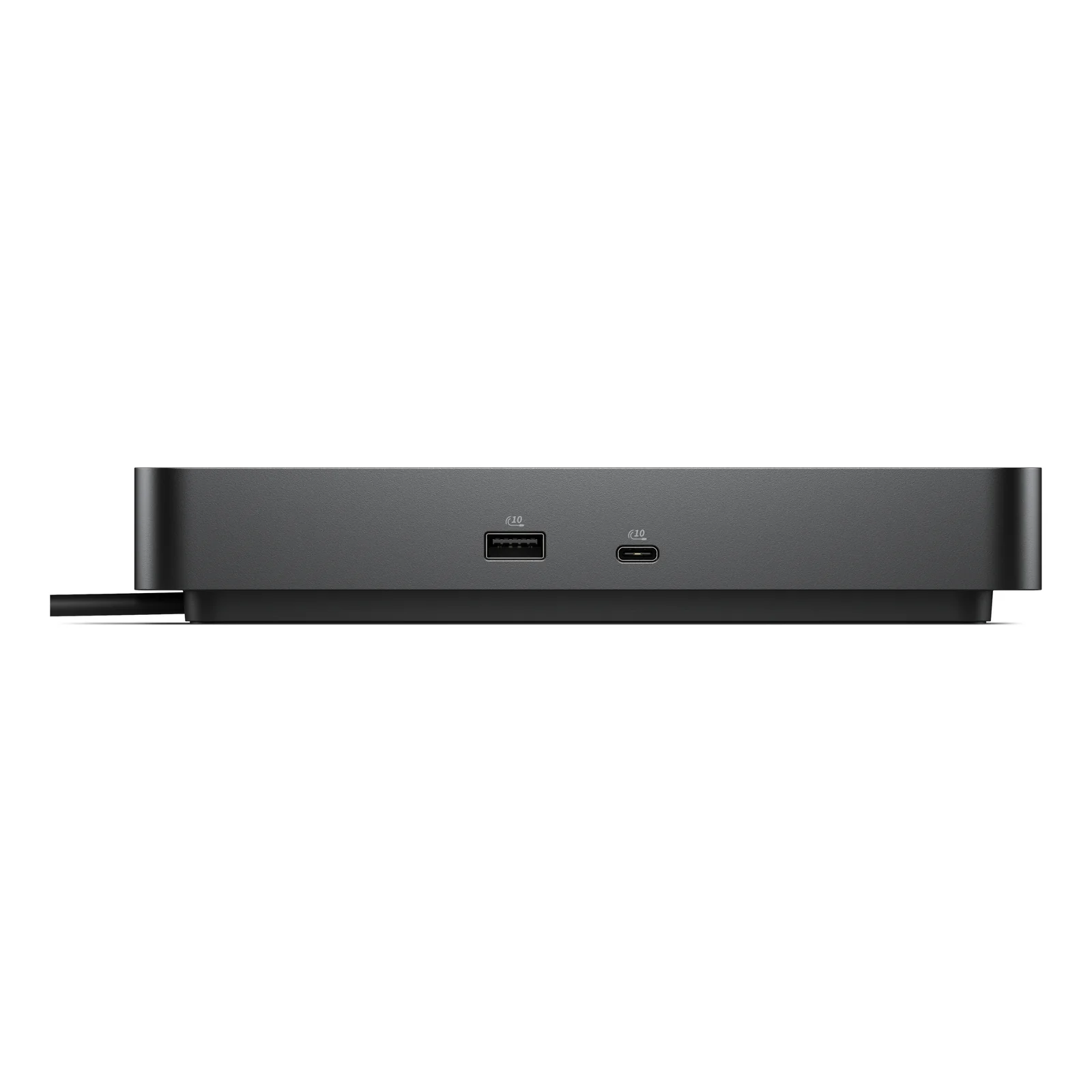 Vue avant de la station d'accueil montrant un port USB-A et un port USB-C, façade noire mate
