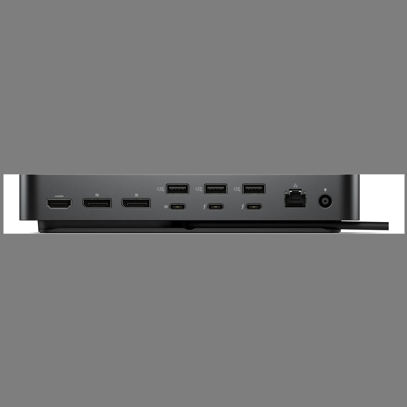 Vue arrière détaillant HDMI, 2 DisplayPort, 3 USB-A, 1 USB-C DisplayPort, 2 Thunderbolt 4, RJ45 et entrée d'alimentation