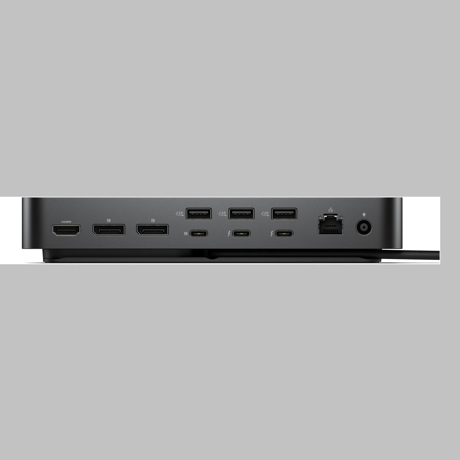 Vue arrière de la station détaillant HDMI, 2 DisplayPort, 3 USB-A, 1 USB-C, 2 Thunderbolt 5, RJ45 Ethernet et entrée d'alimentation
