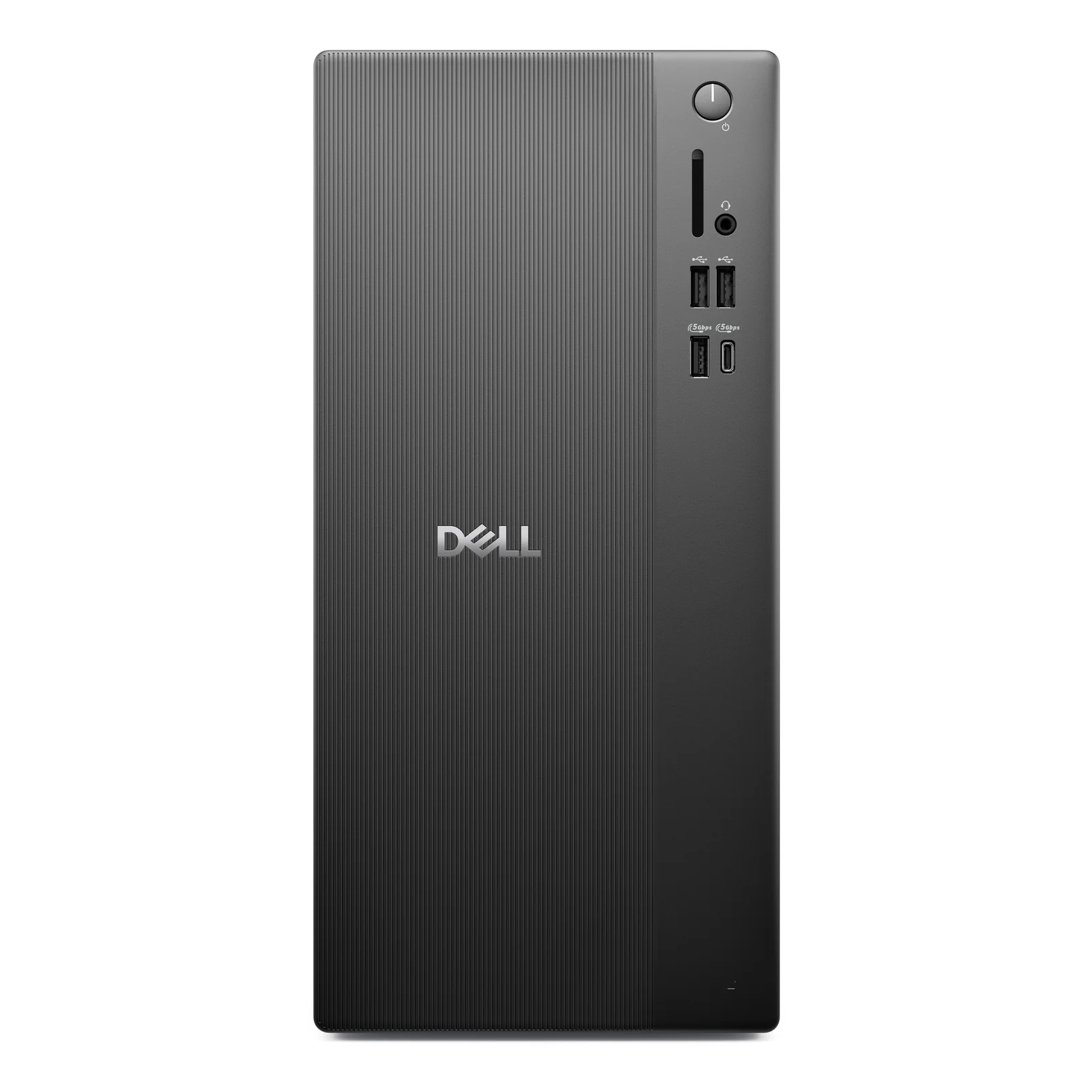 Vue frontale de la tour avec logo Dell argenté centré, lecteur SD, prise audio, deux USB-A et un USB-C en façade