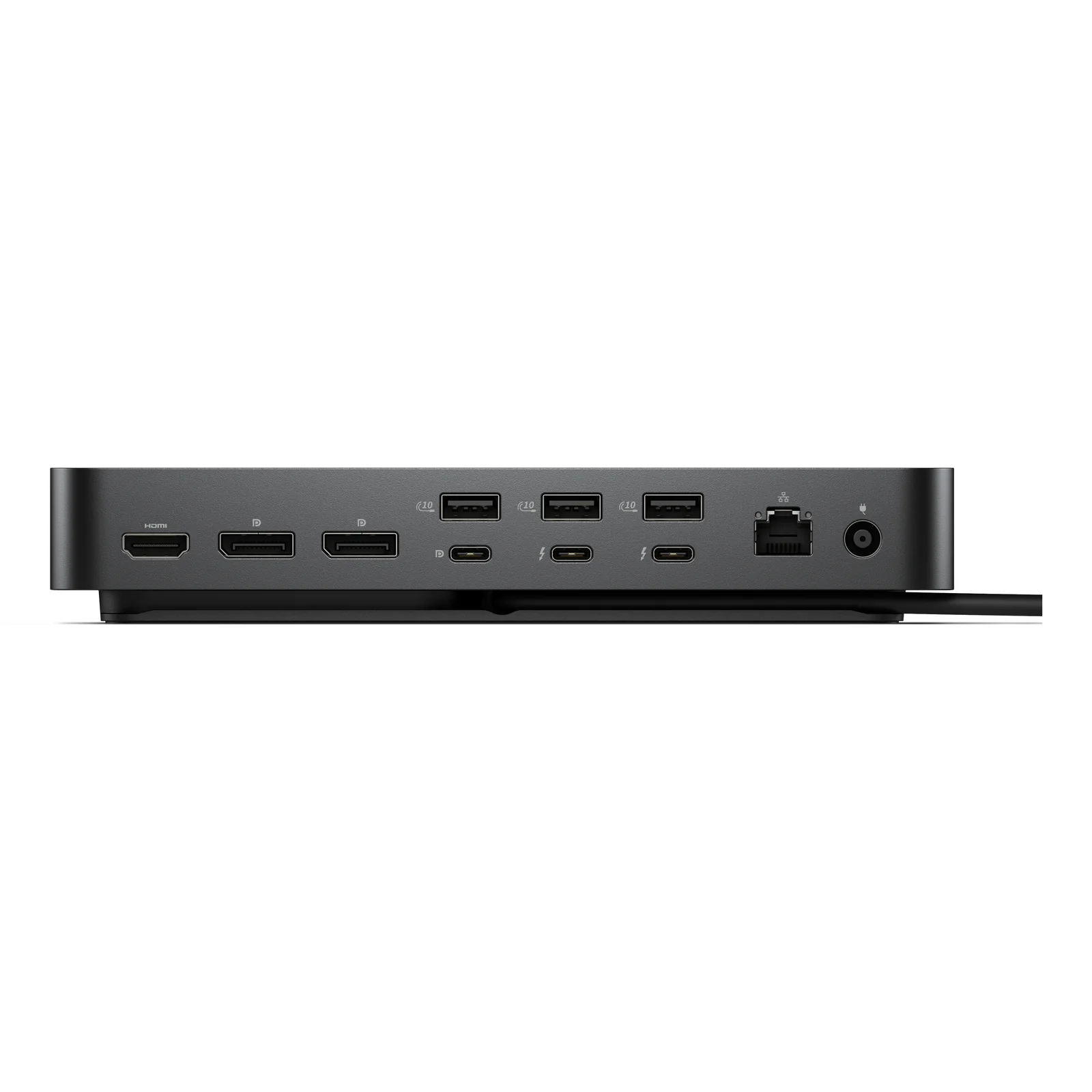 Vue arrière du dock montrant le port HDMI, deux DisplayPort, trois USB-A, trois USB-C dont Thunderbolt, RJ-45 Ethernet et alimentation