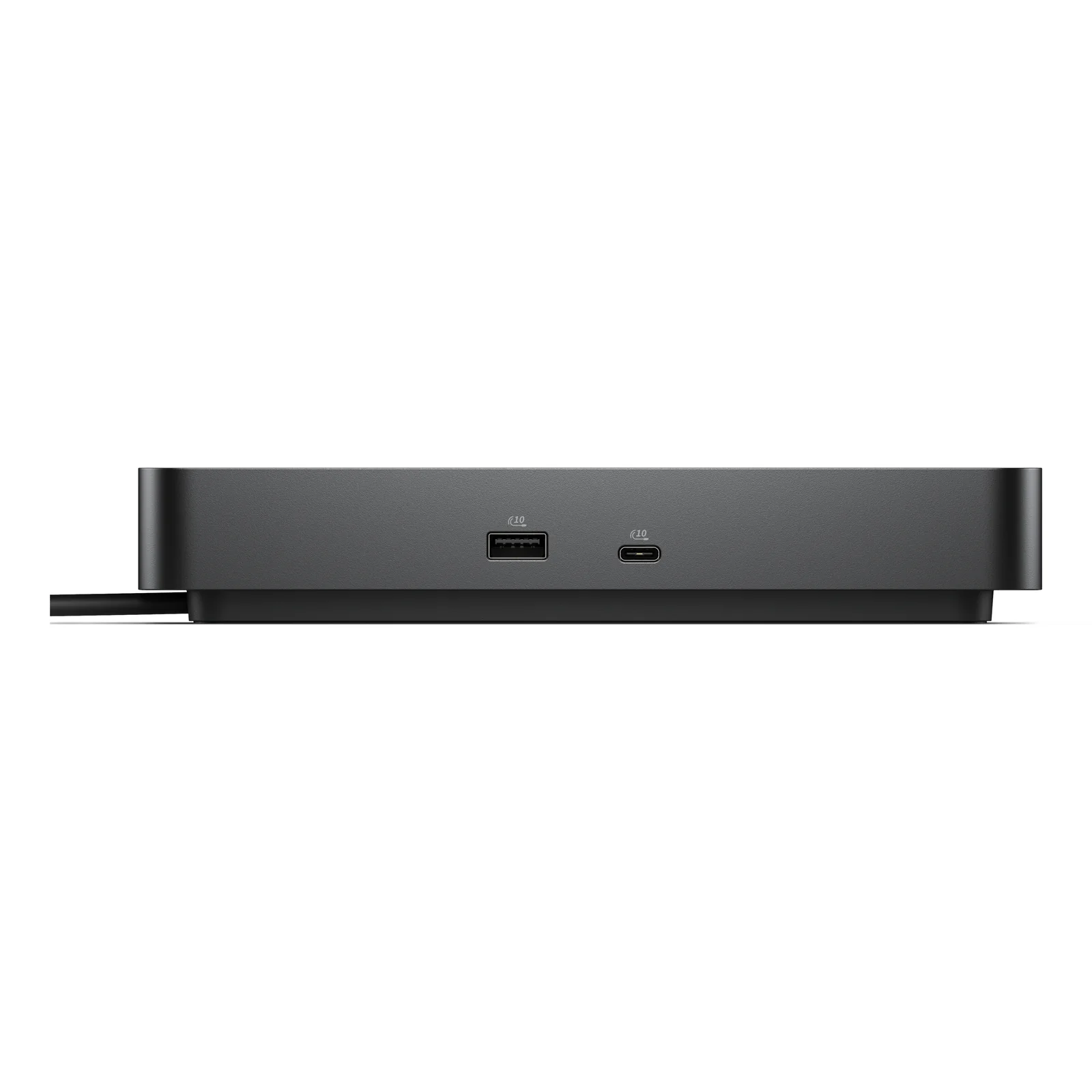 Vue de face du boîtier avec un port USB-A et un port USB-C en accès rapide marqués 10 Gbps