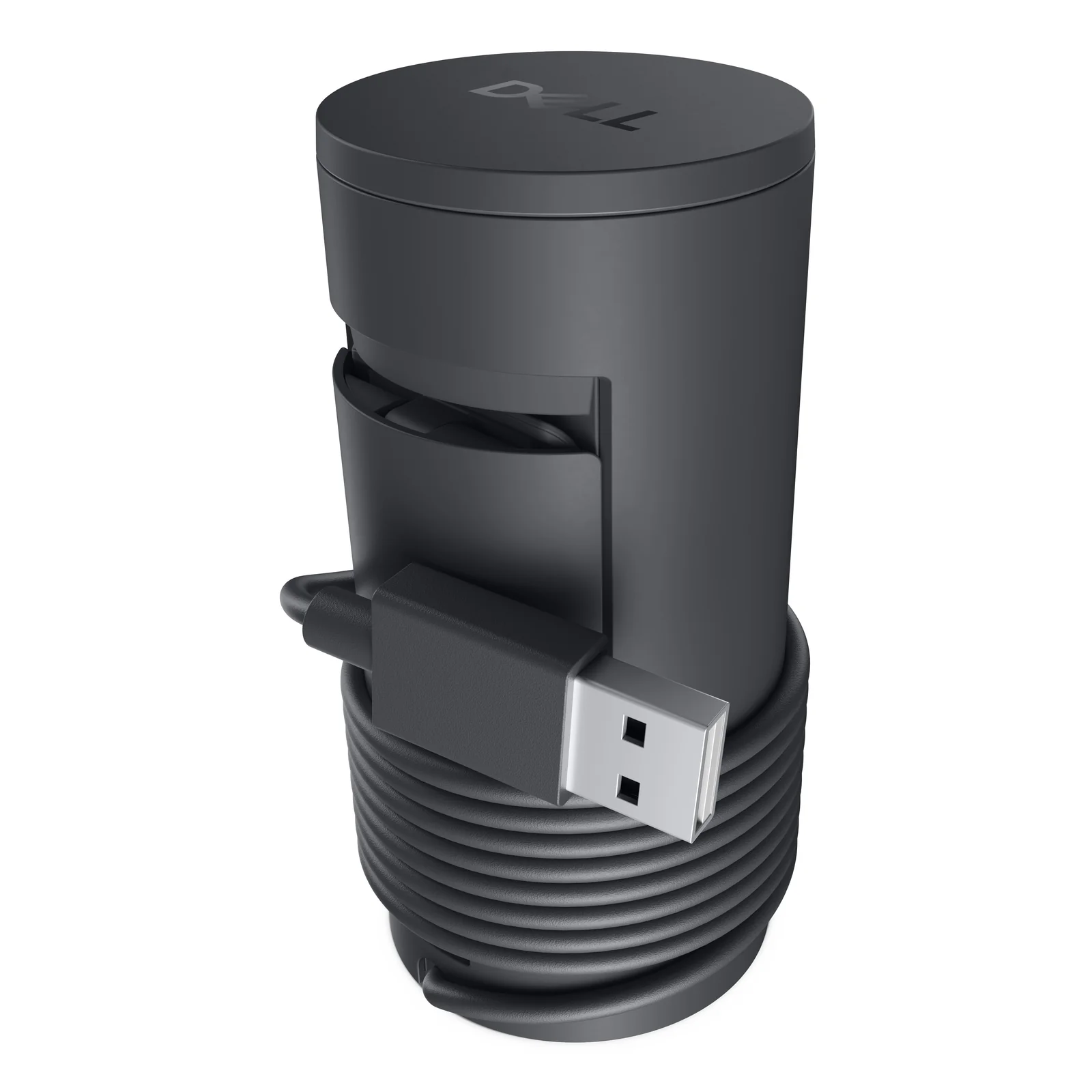 Boîtier cylindrique de rangement Dell avec câble USB-A enroulé dessous
