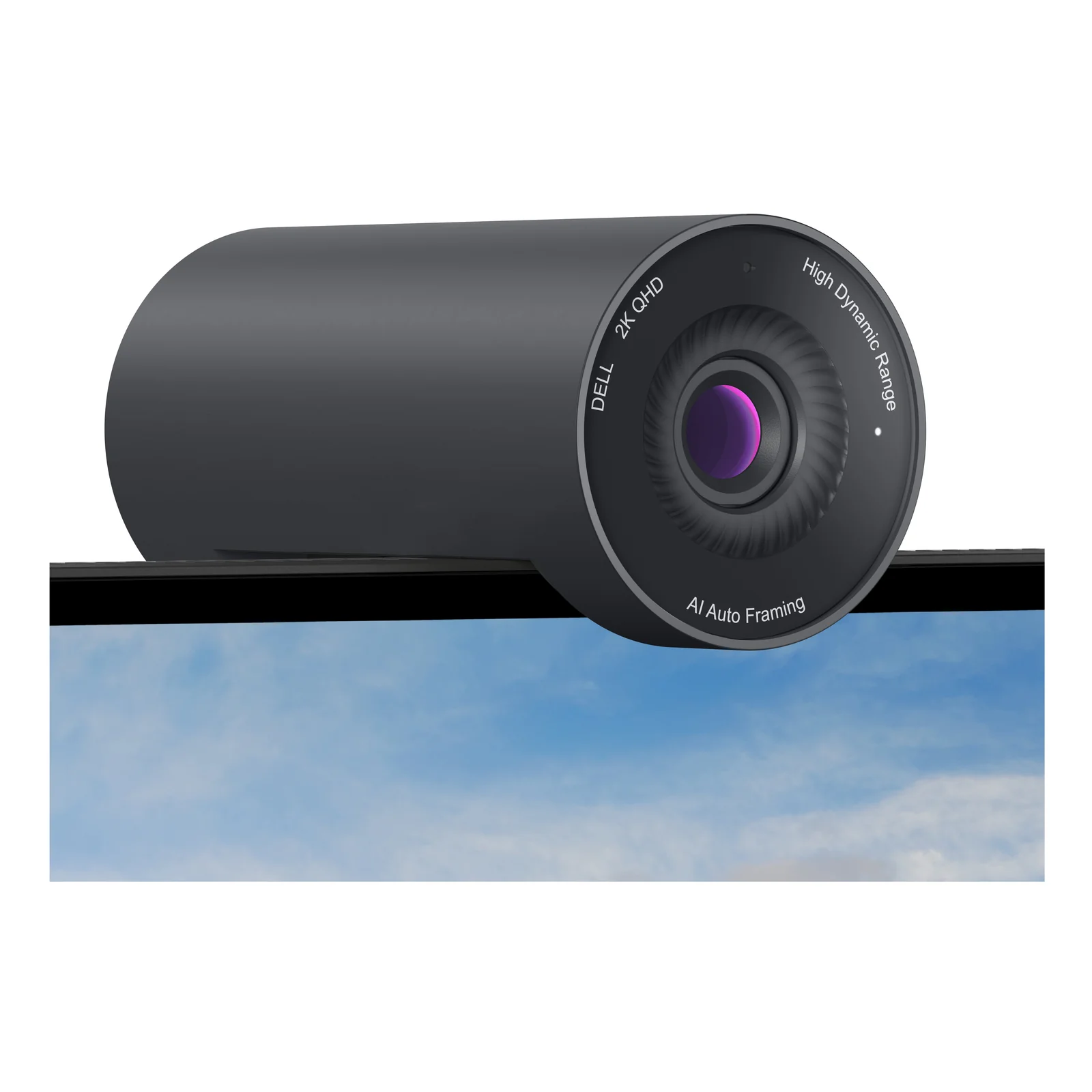 Webcam fixée sur le bord supérieur d'un écran, fond de ciel bleu en arrière-plan