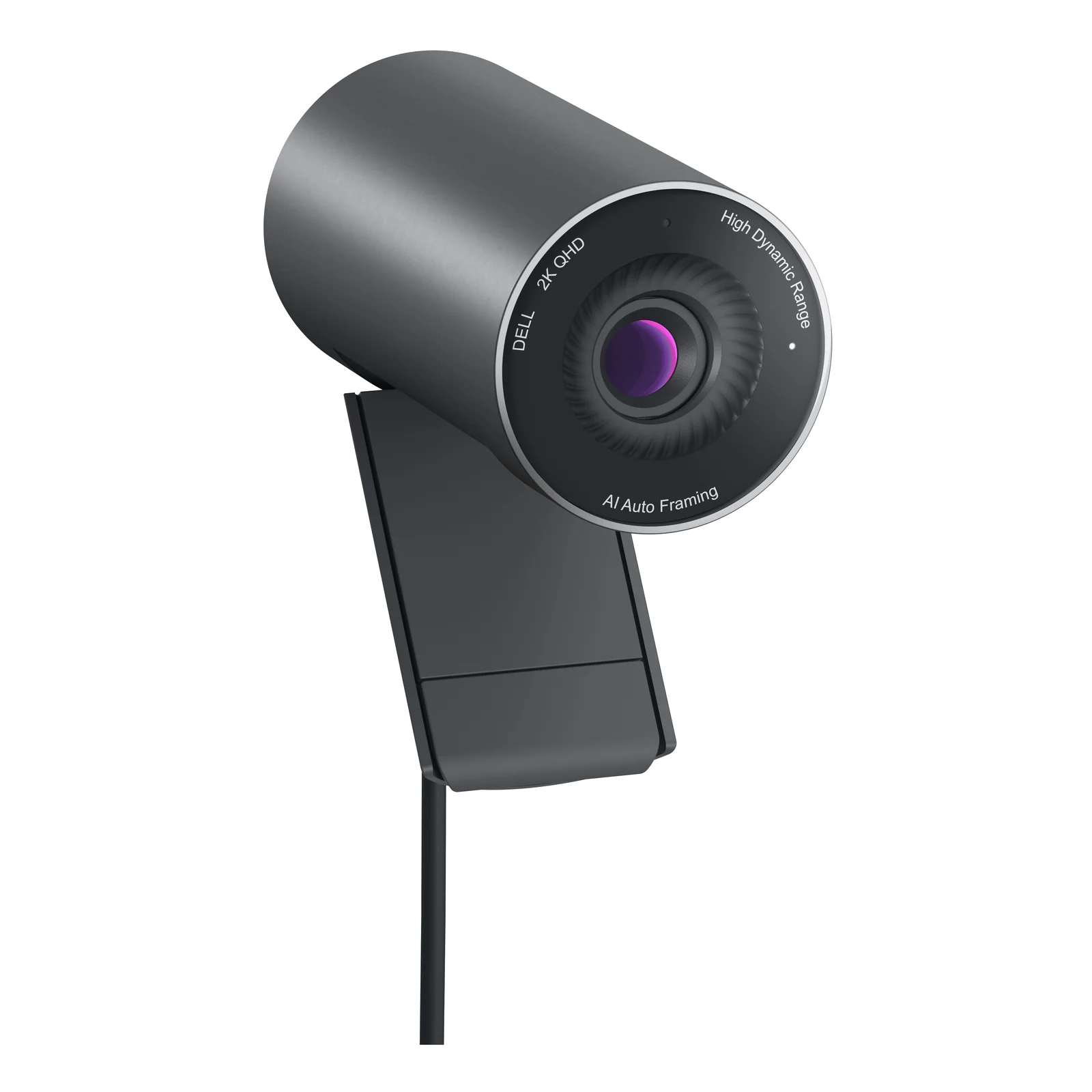 Webcam grise vue de trois quarts depuis l'autre côté, clip de fixation moniteur replié sous le boîtier