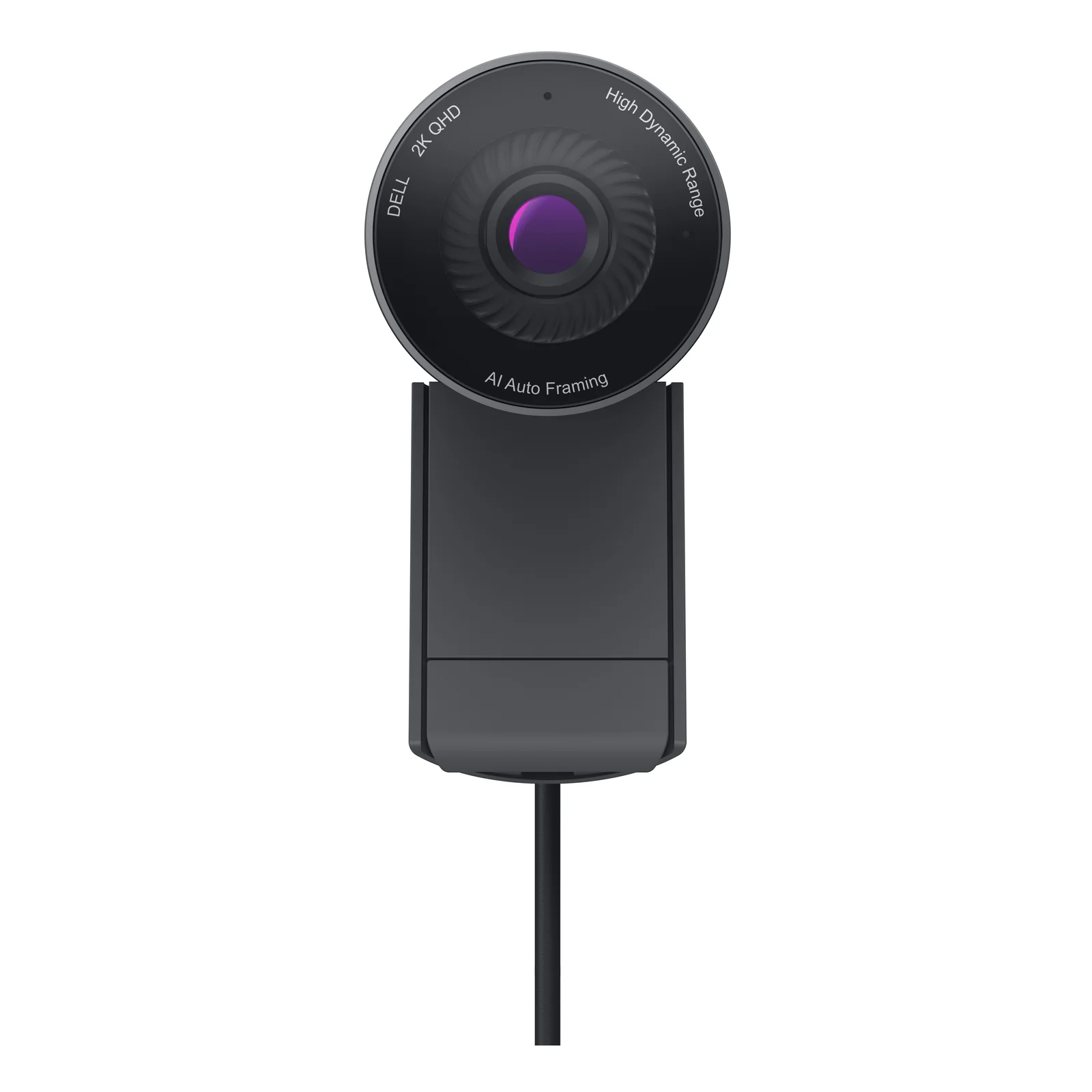 Webcam vue de face, objectif circulaire avec marquages techniques visibles autour de la lentille