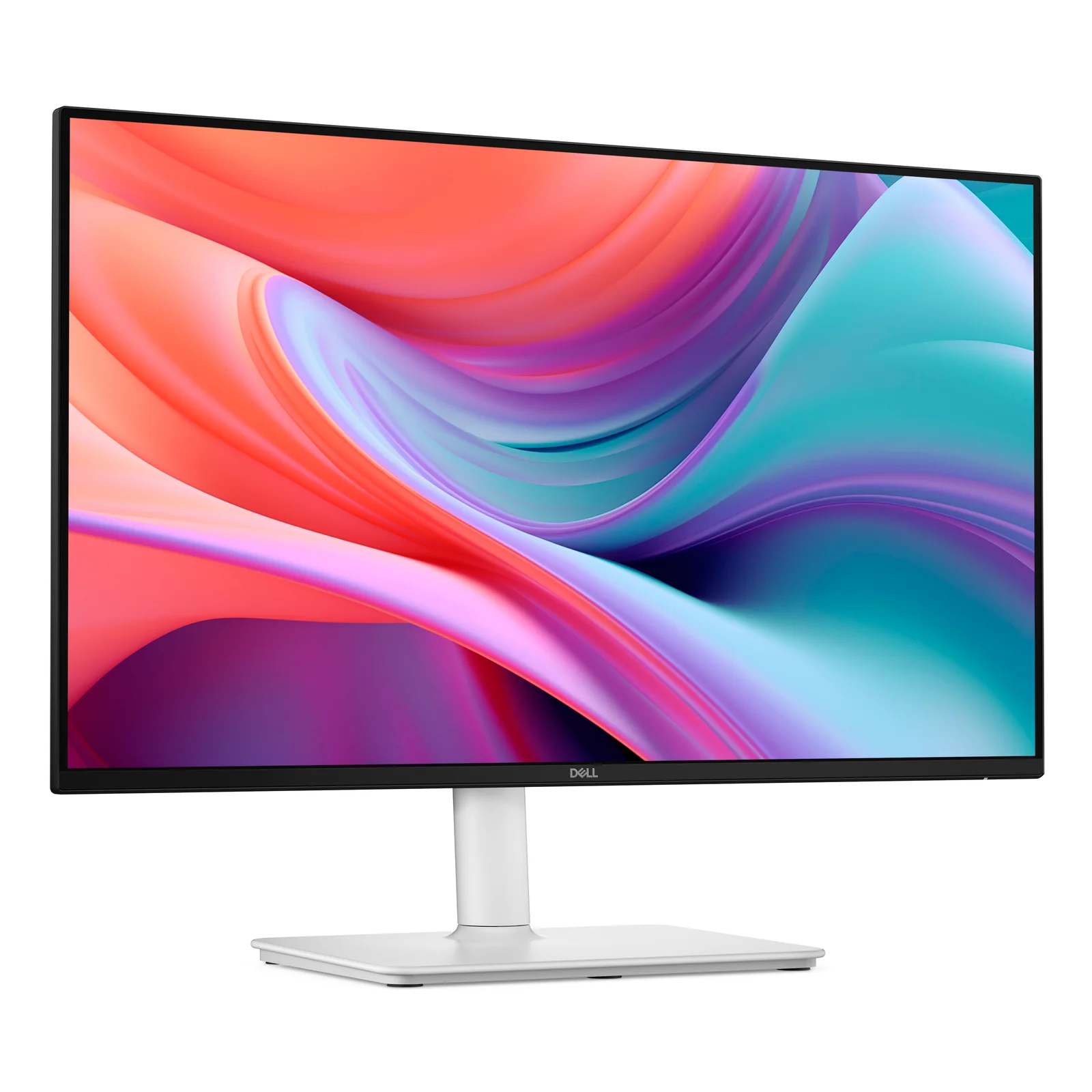 Vue trois-quarts du moniteur blanc montrant la dalle plate, les bordures fines et le bras de pied vertical