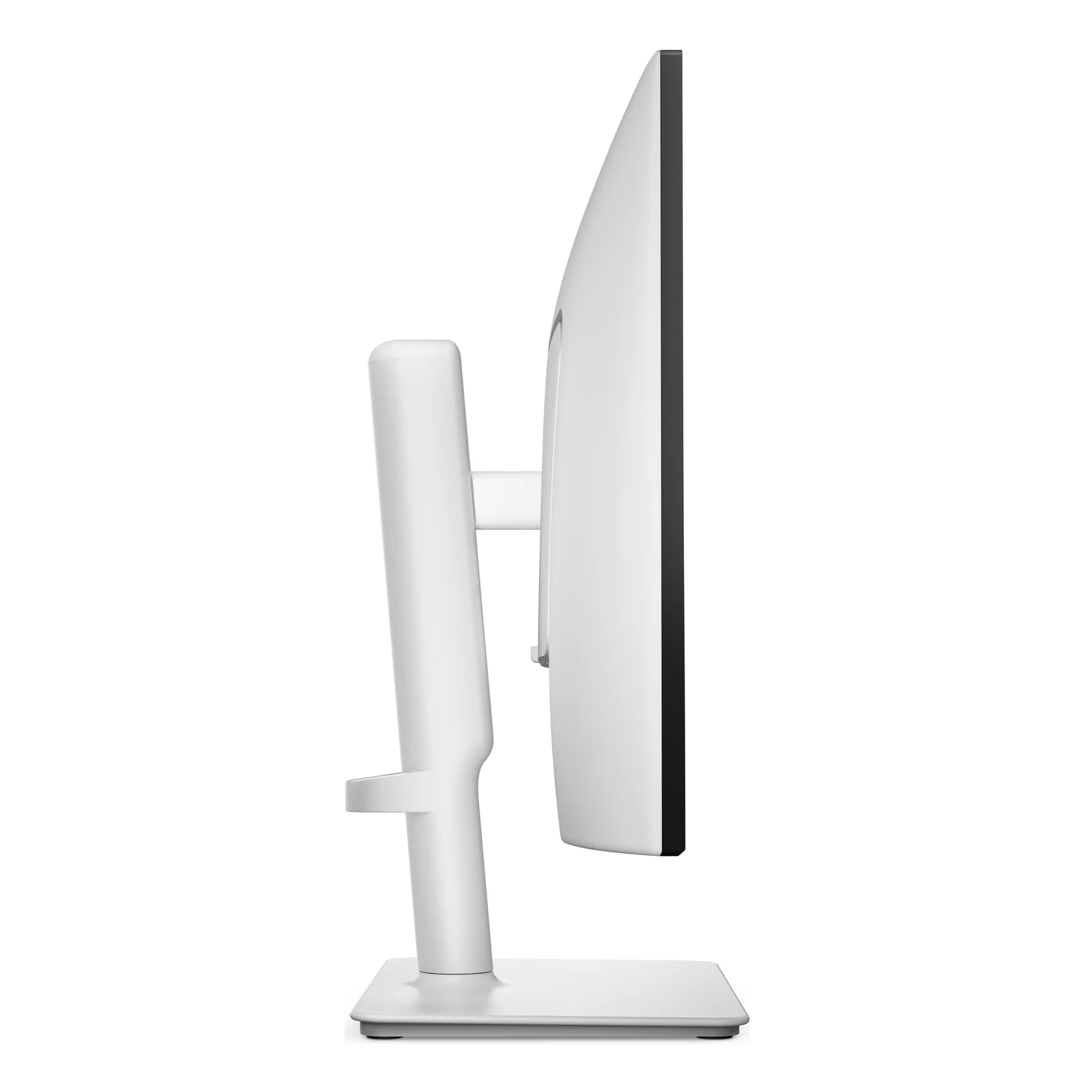 Vue de profil du moniteur avec colonne de pied blanche, passage de câble et base rectangulaire argentée