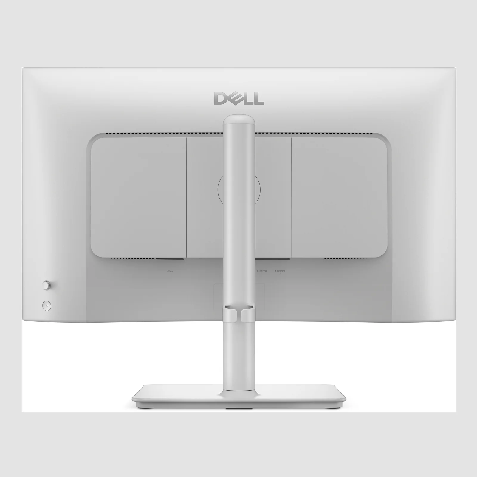 Vue arrière du moniteur blanc avec logo Dell central et colonne de pied tubulaire intégrant le passage de câble