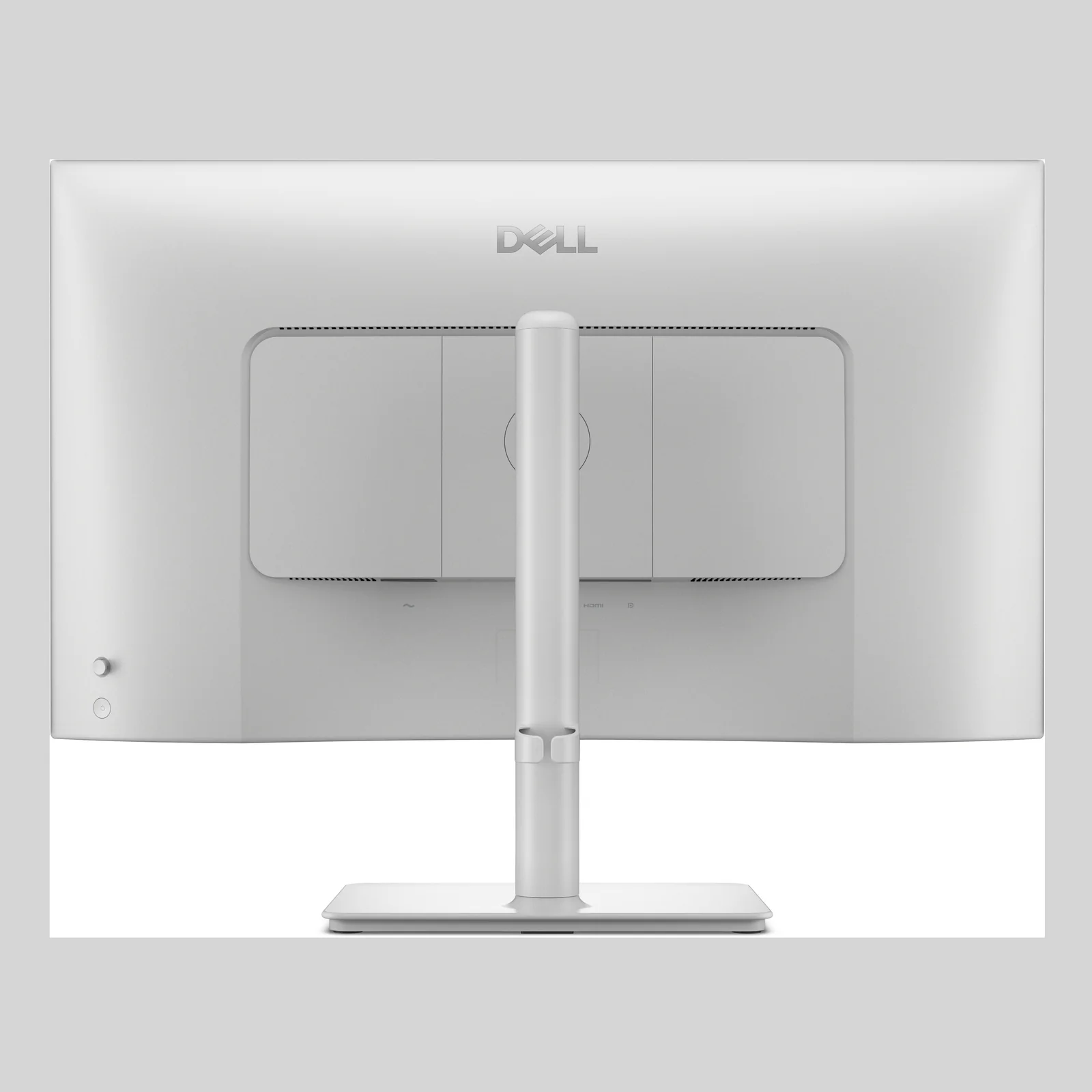 Vue arrière du moniteur blanc avec logo Dell, capot lisse et tige de pied réglable en hauteur