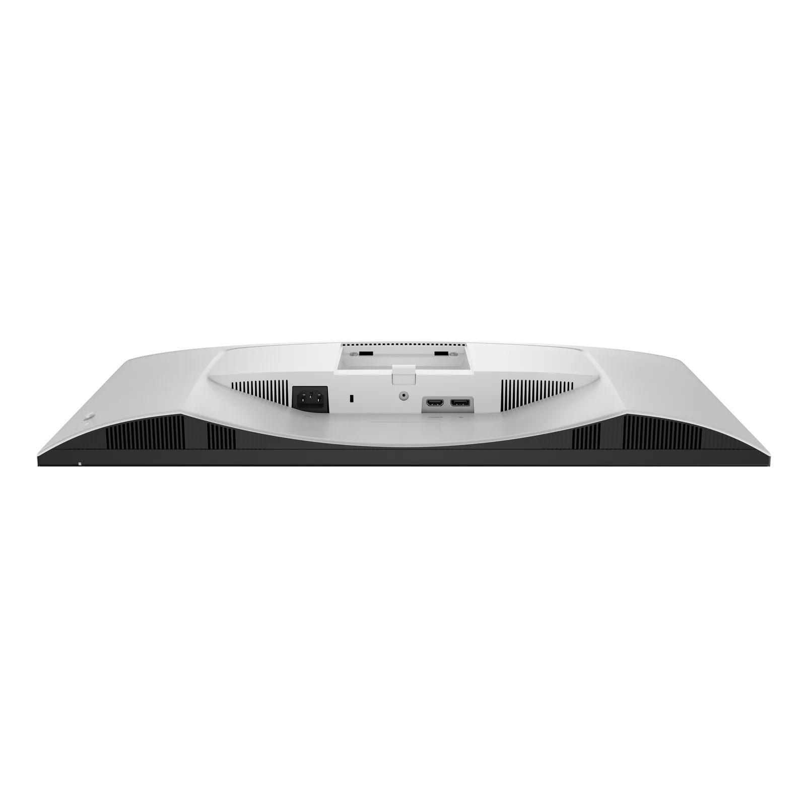 Vue inférieure de la connectique montrant uniquement un port HDMI et un port DisplayPort sans USB-C
