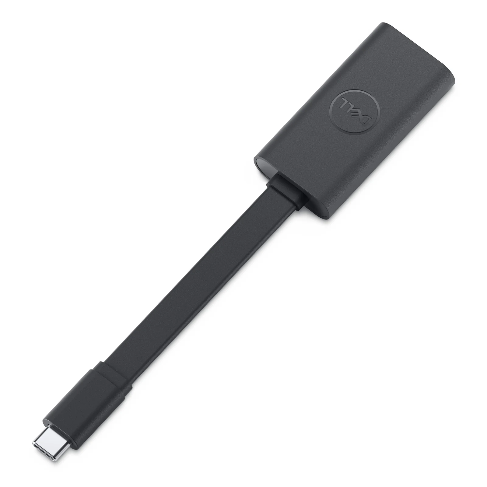Vue de l'adaptateur posé à plat avec le câble plat noir reliant le connecteur USB-C au port HDMI femelle