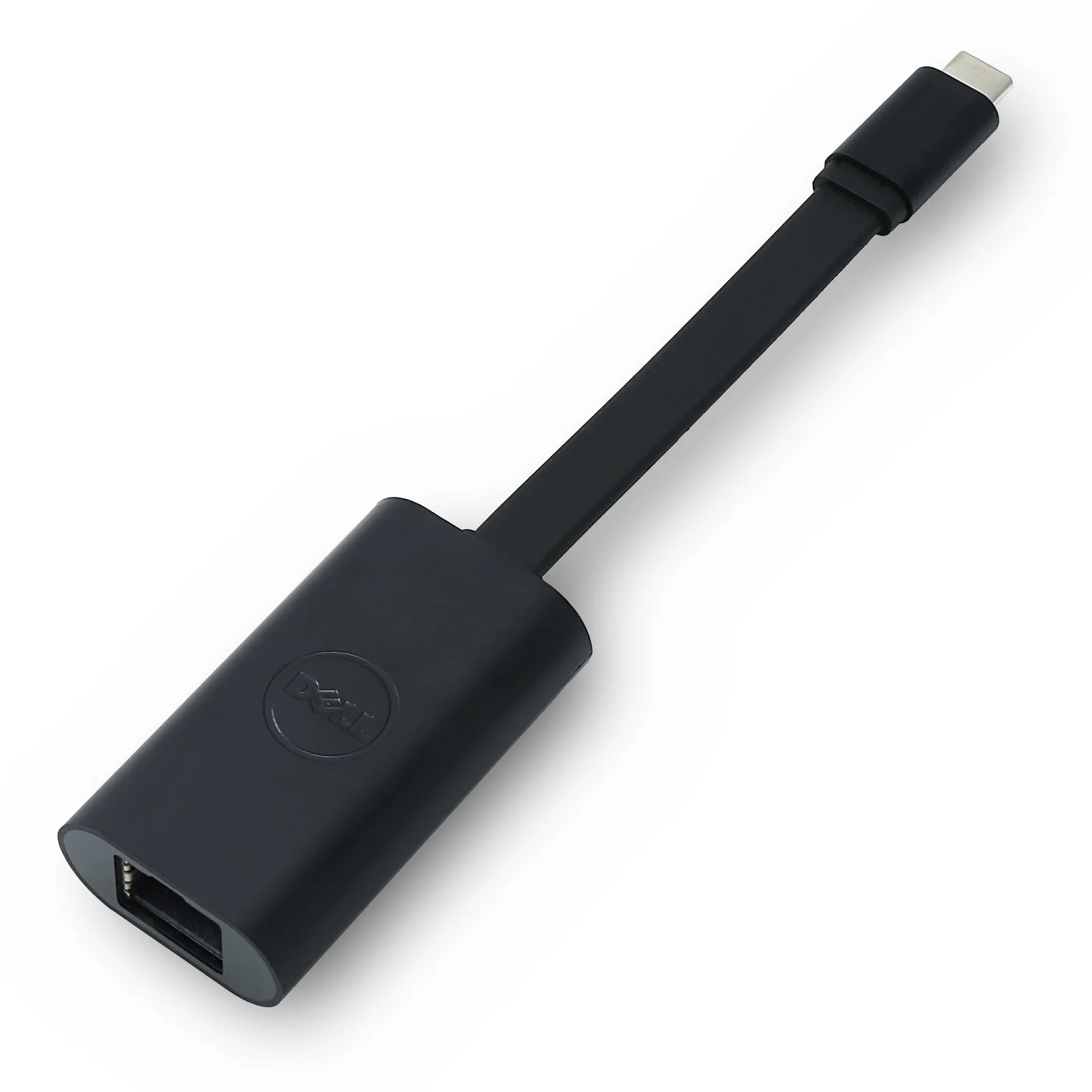 Vue de dessous de l'adaptateur montrant le port RJ-45 et le câble plat noir relié au connecteur USB-C