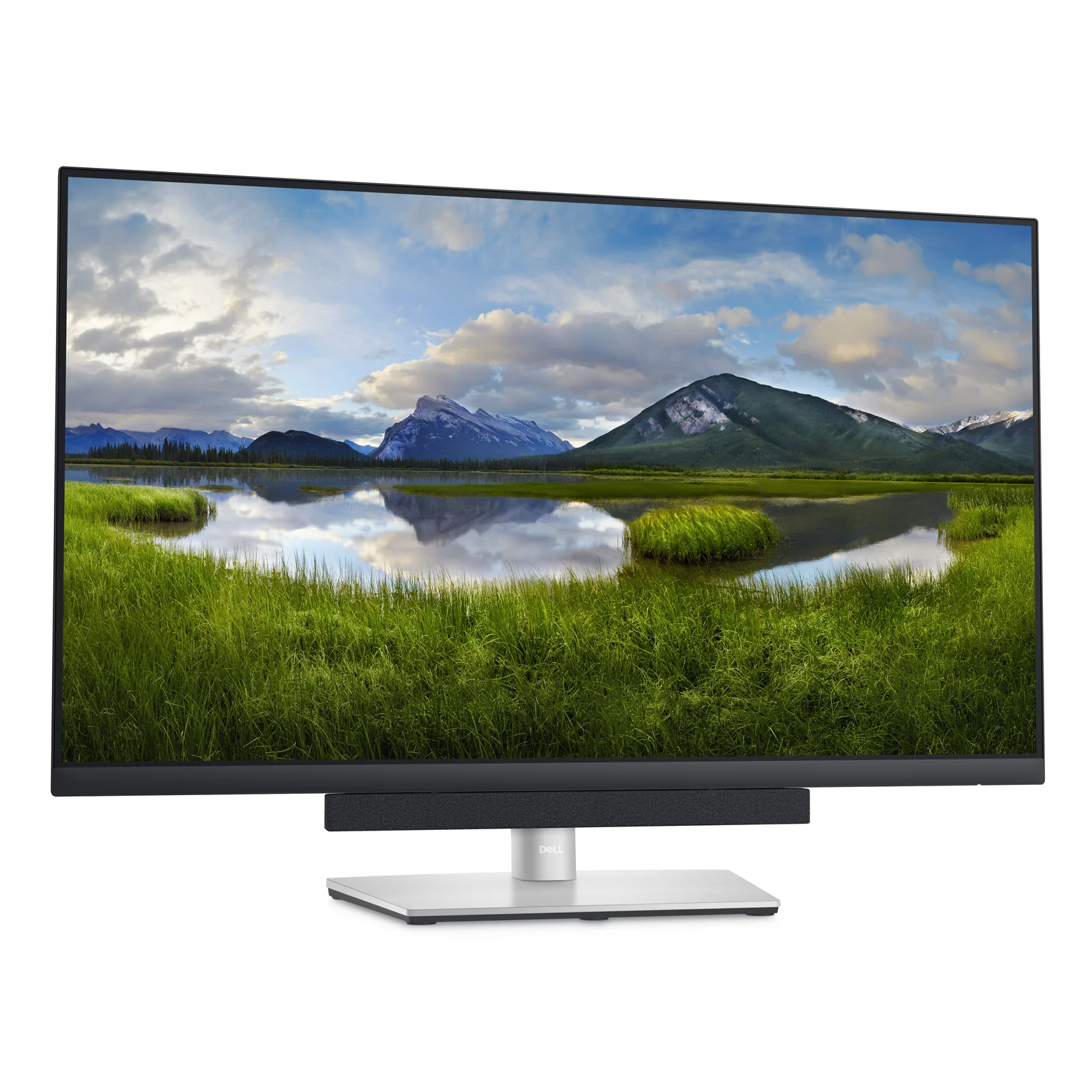 Vue de face d'un moniteur Dell sur pied avec la barre de son fixée sous le bord inférieur.