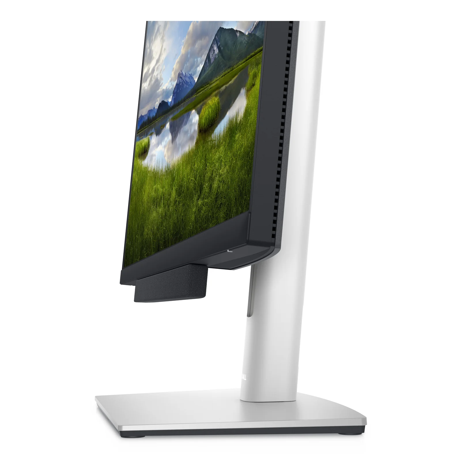 Vue trois quarts d'un moniteur sur pied argenté avec la barre de son montée sous l'écran.