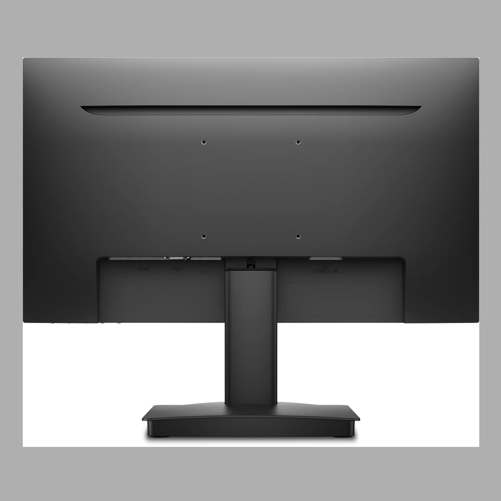 Vue arrière du moniteur noir avec marquages HDMI, VGA et entrée secteur, perçages VESA centraux