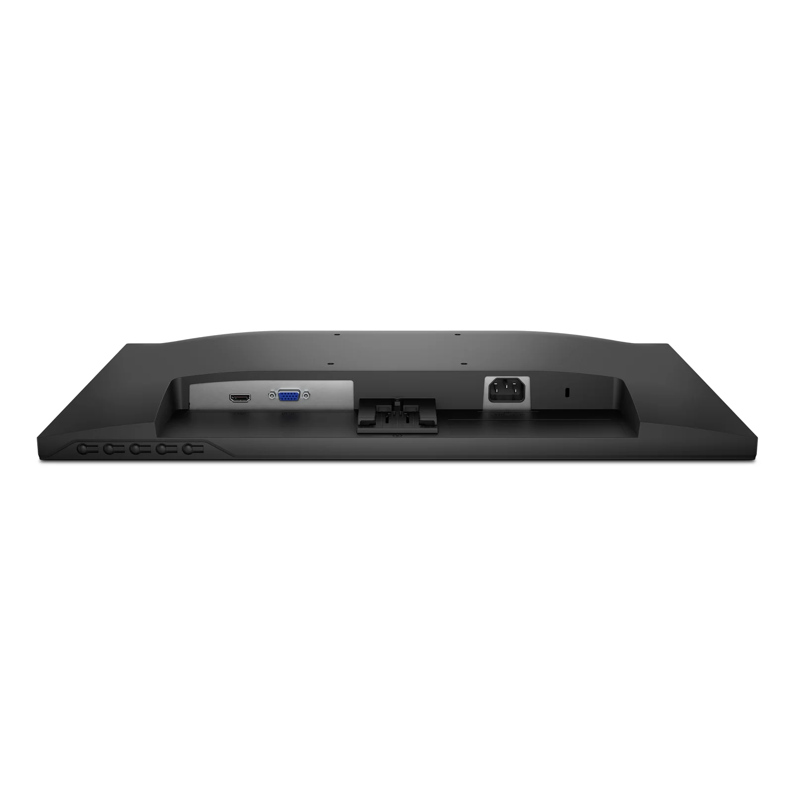 Vue en plongée arrière montrant la connectique alignée avec port HDMI, VGA et prise secteur