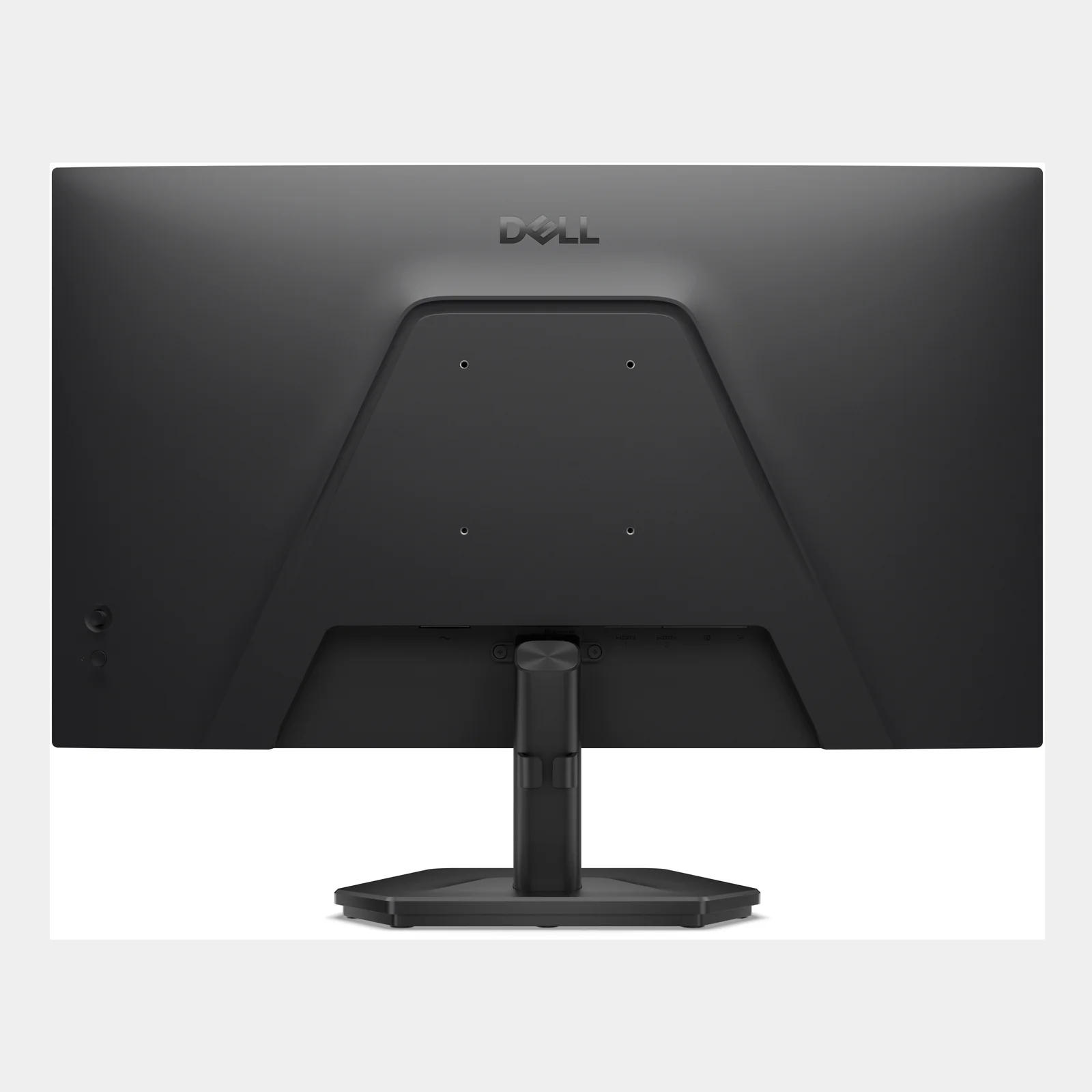 Vue arrière du moniteur noir avec logo Dell, joystick OSD à gauche et colonne de pied centrale