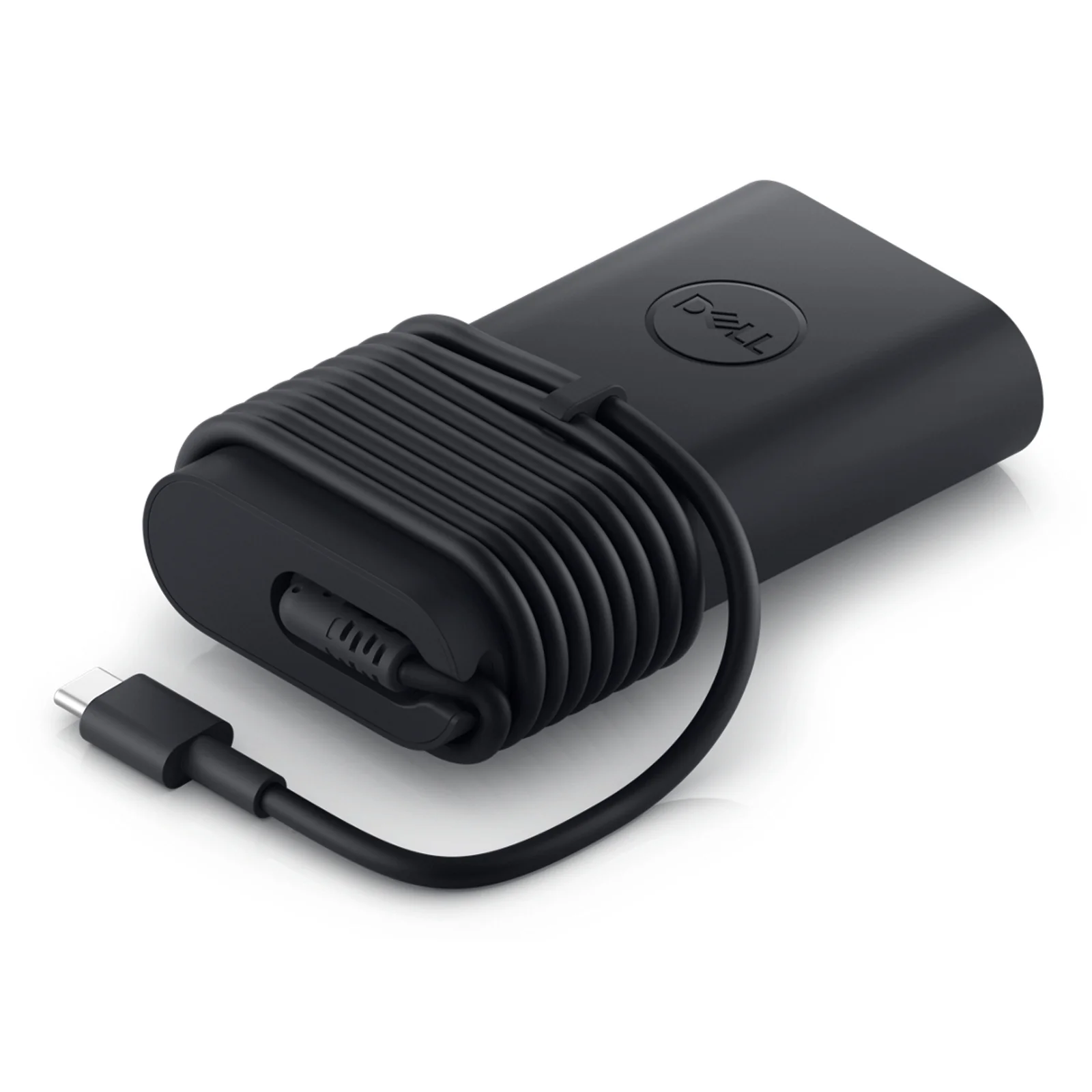 Adaptateur Dell TH5RJ, vue de 3/4, câble USB-C déroulé, connecteur USB-C visible, coloris noir