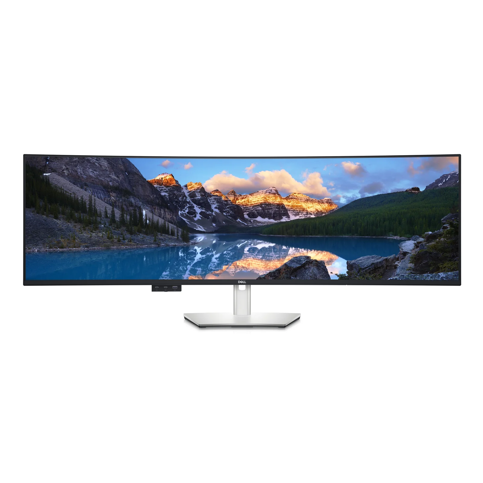 Vue de face avec module de connectique escamotable sous la dalle laissant apparaître ports USB-C et USB-A