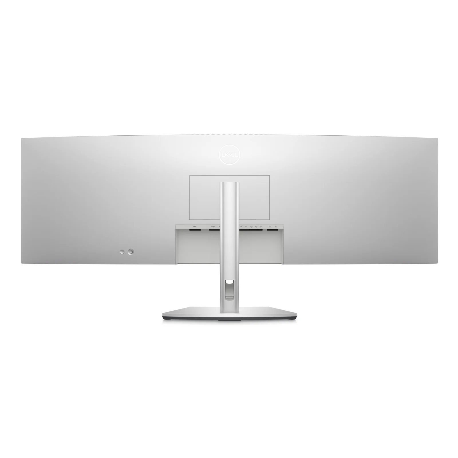 Vue arrière du moniteur avec coque argentée, logo Dell, panneau de connectique et passage de câble dans le pied