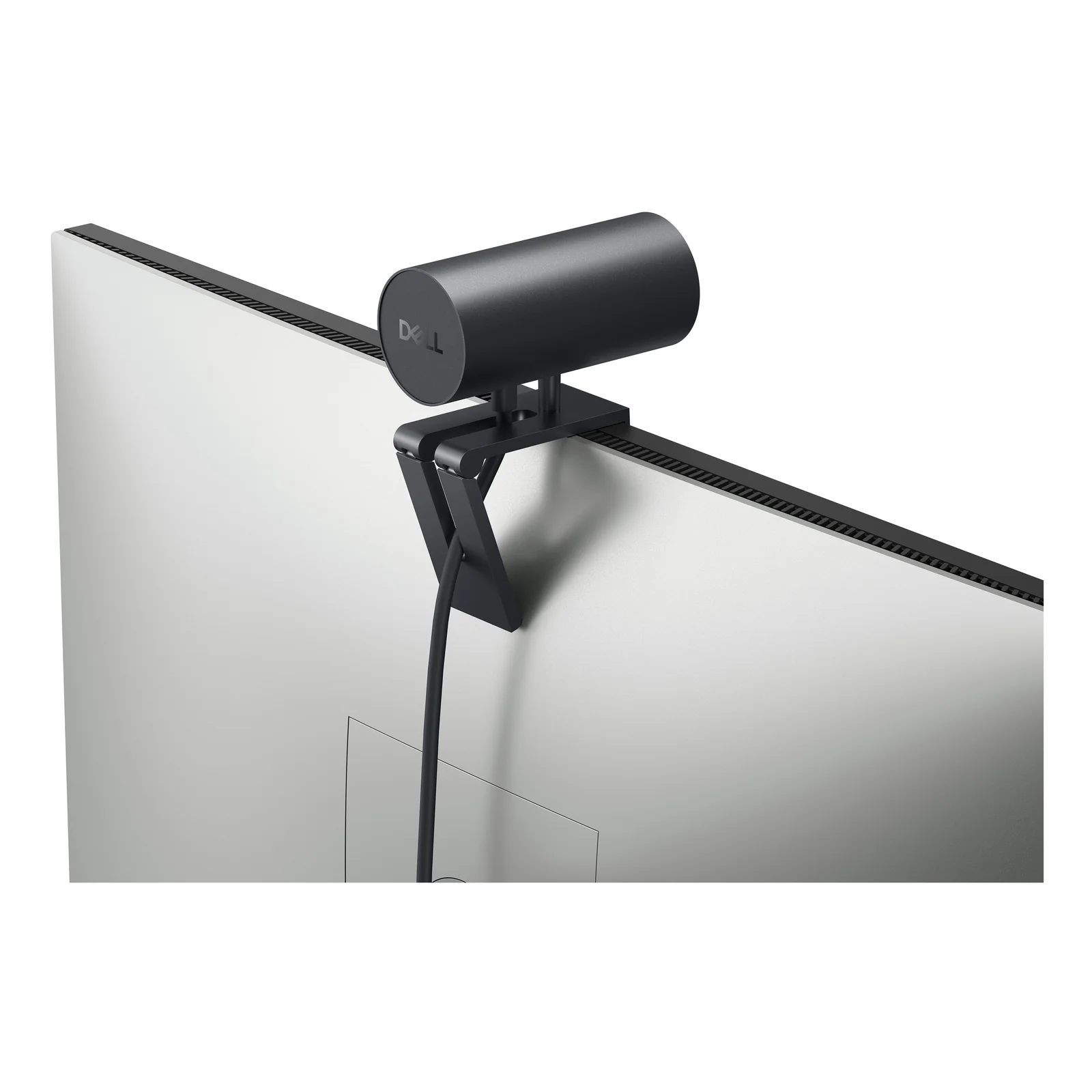 Webcam clipsée sur le bord supérieur d'un moniteur clair vue depuis l'arrière