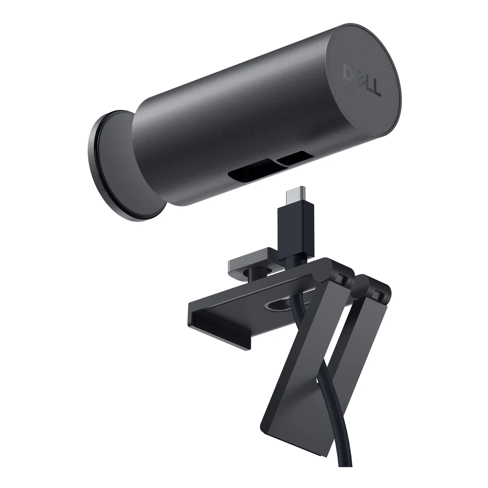 Webcam en perspective au-dessus de son support pliant et du câble USB-C détaché