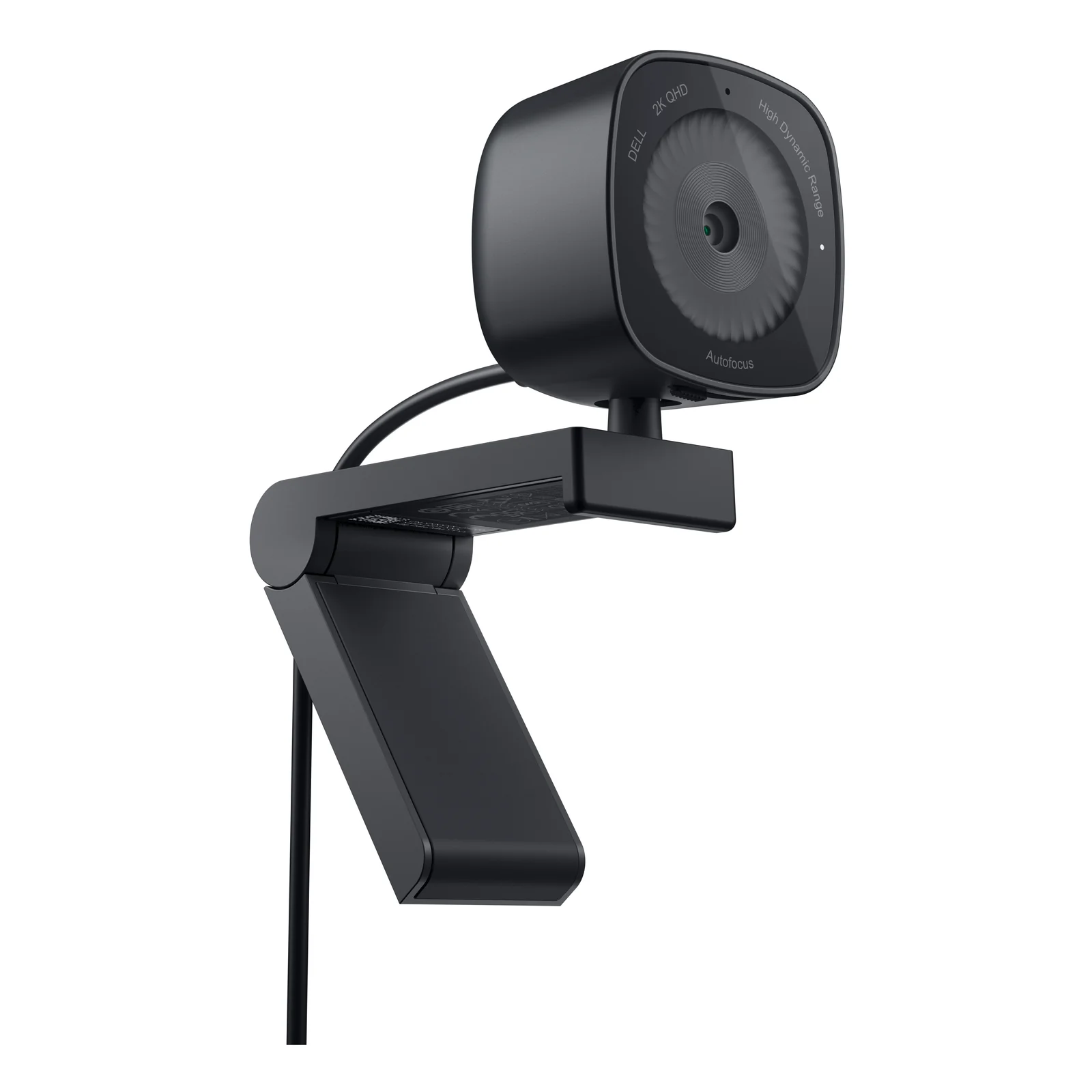 Webcam noire vue trois quarts avec clip de fixation déplié et câble USB sortant à l'arrière