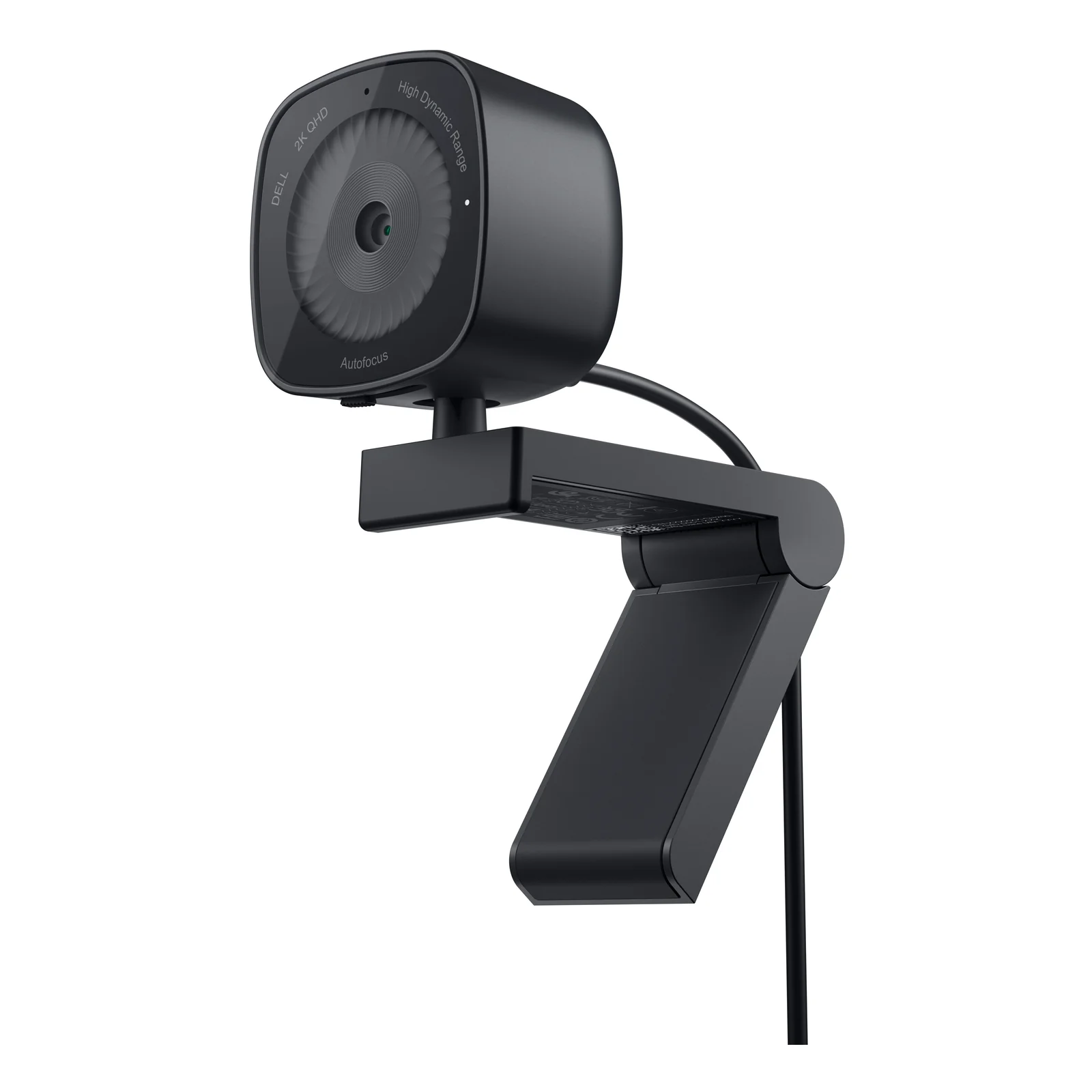 Webcam vue trois quarts avec clip de fixation incliné et câble USB visible derrière le boîtier