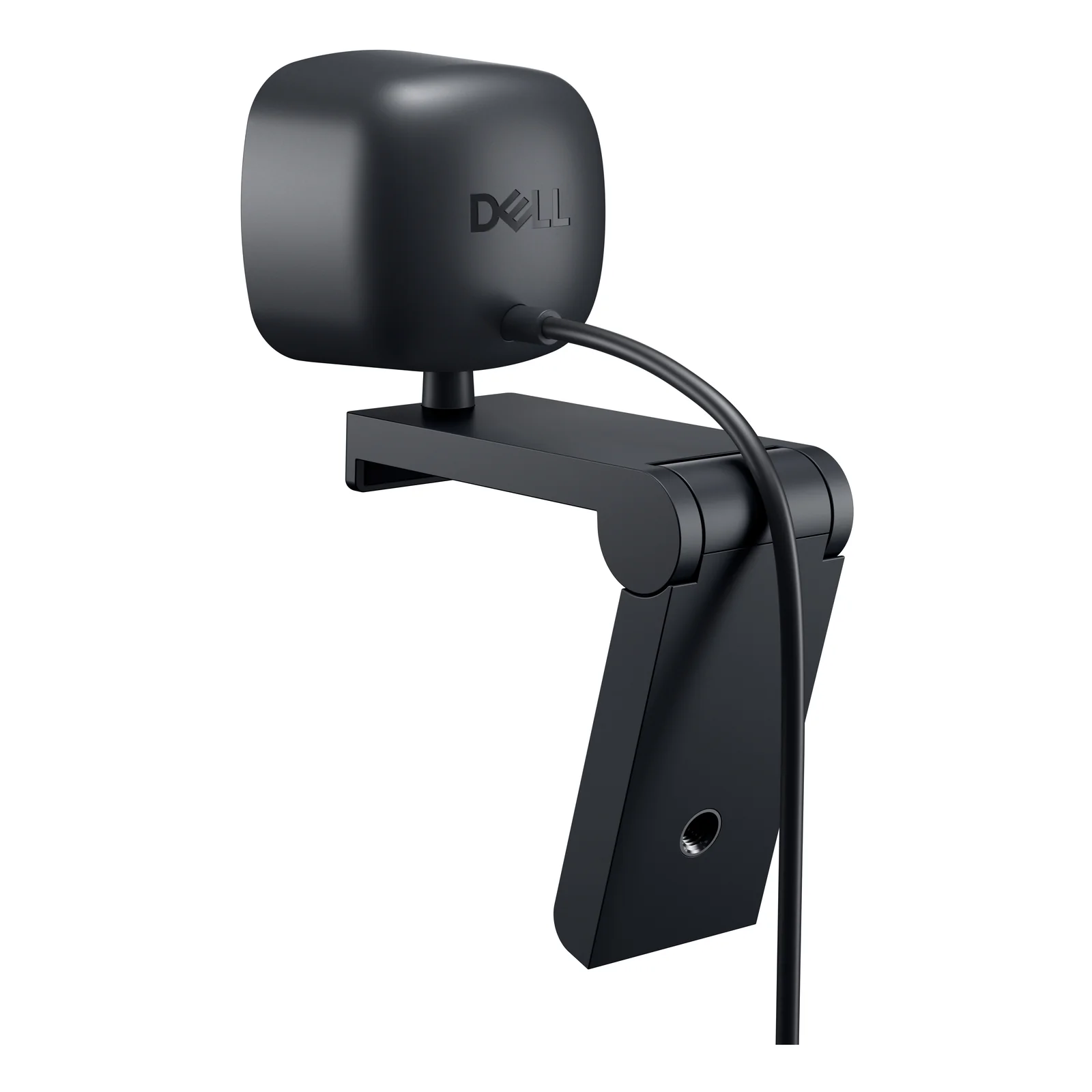 Vue arrière de la webcam avec logo Dell apparent, clip déplié et pas de vis trépied