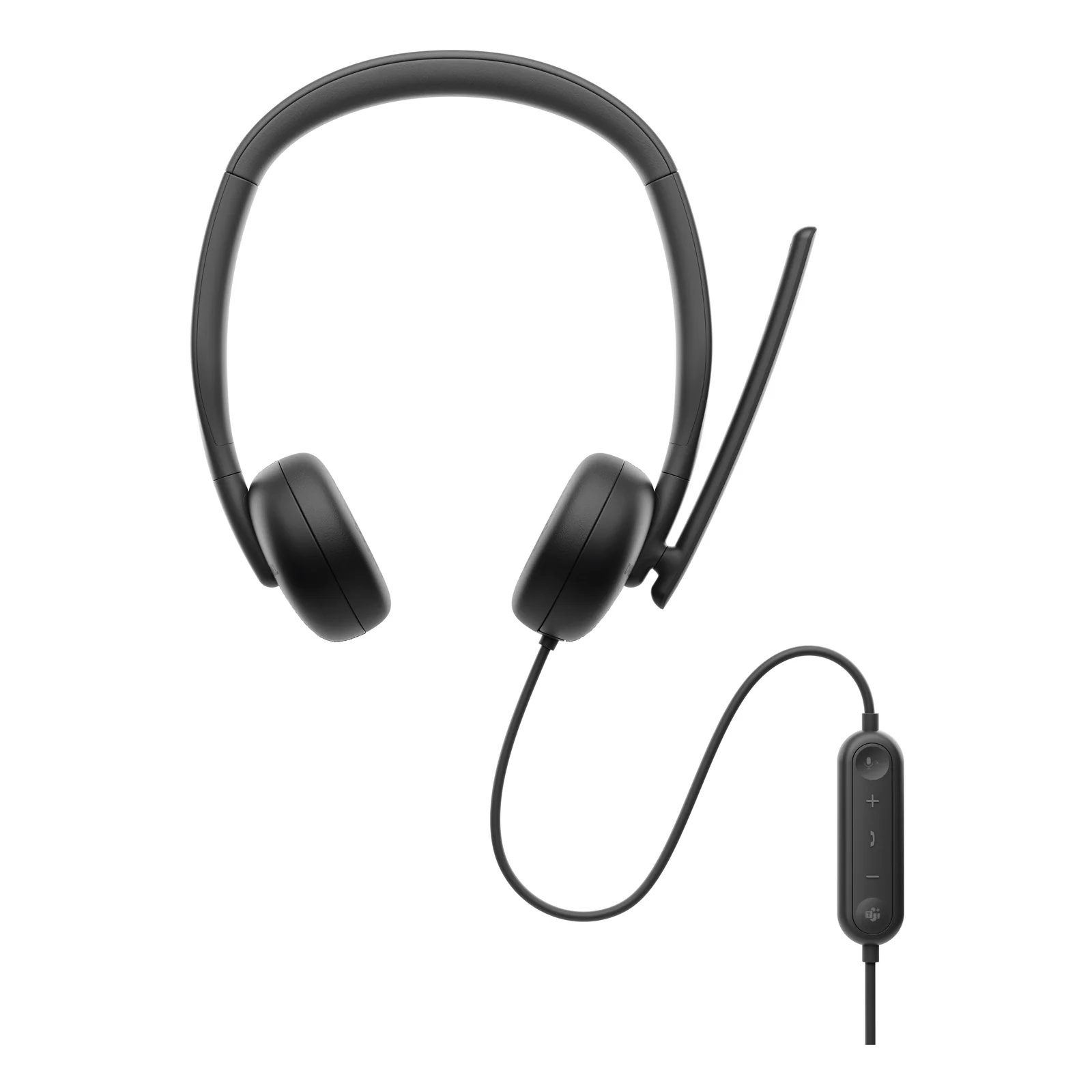 Vue de face du casque arceau noir avec micro-tige déployé et boîtier de commande en ligne