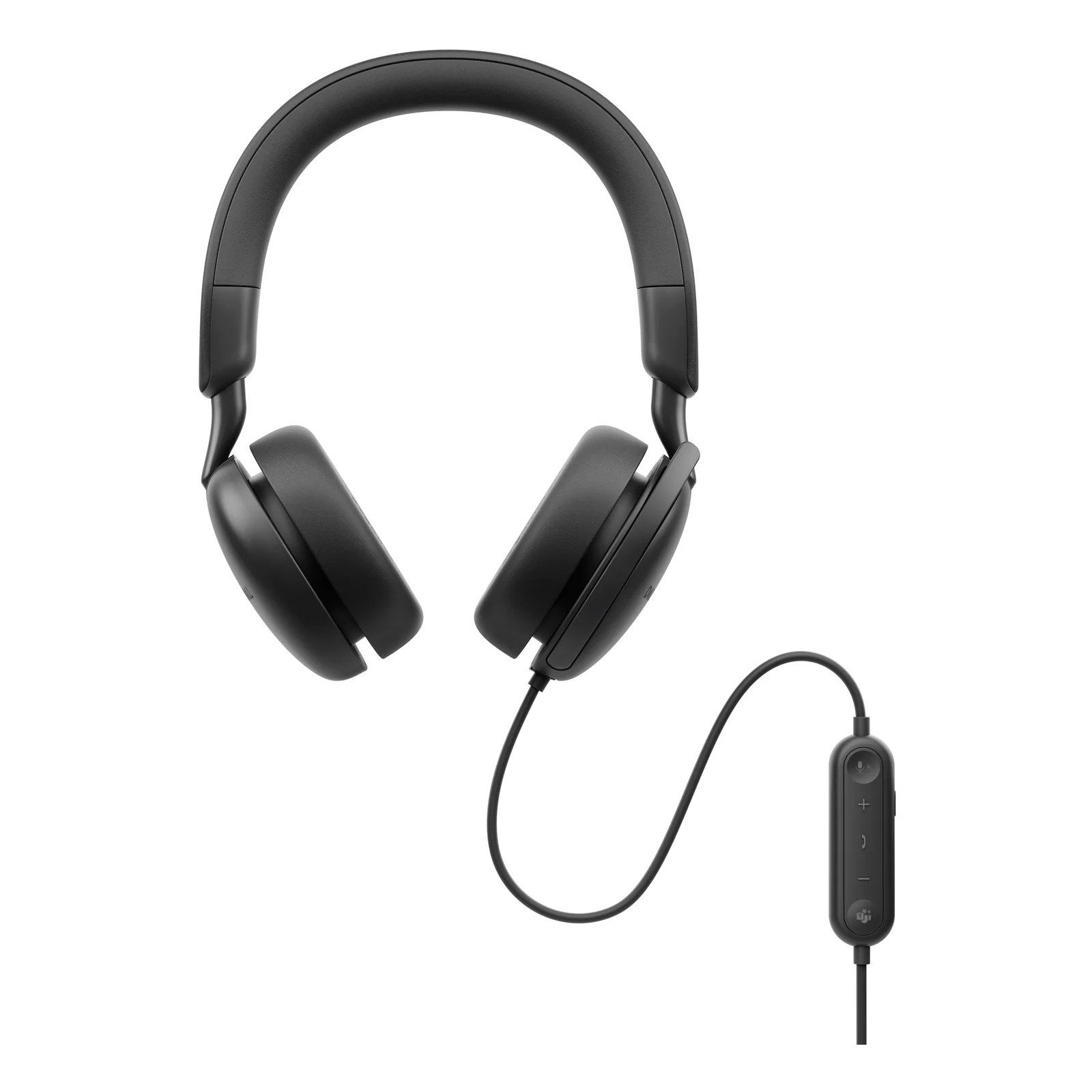 Vue de face du casque arceau noir avec câble USB-C et boîtier de commande en ligne en bas