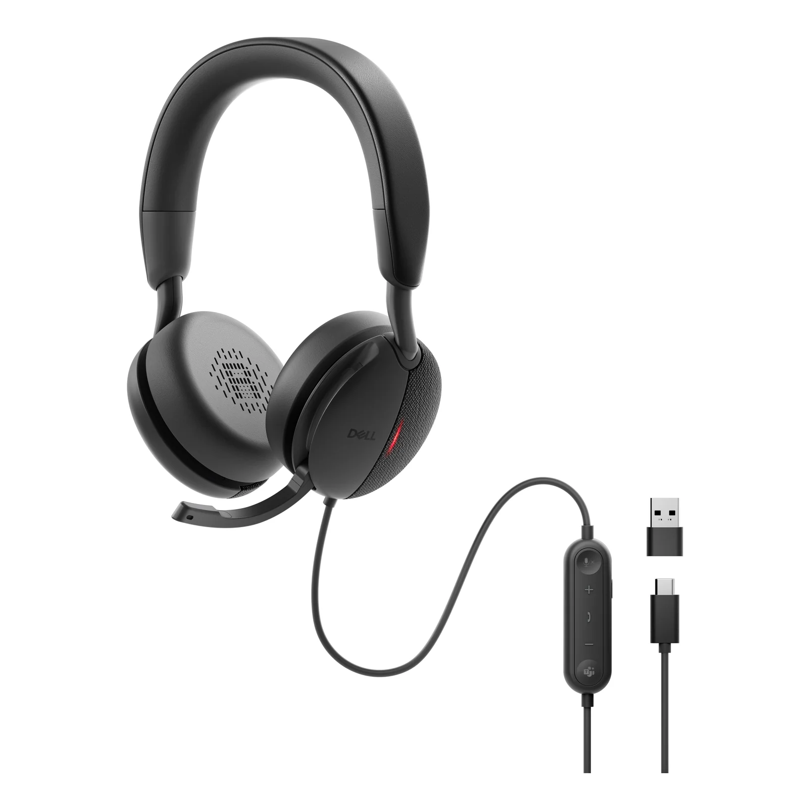 Casque filaire vu trois quarts, micro-tige déployé, câble USB-C et adaptateur USB-A séparé