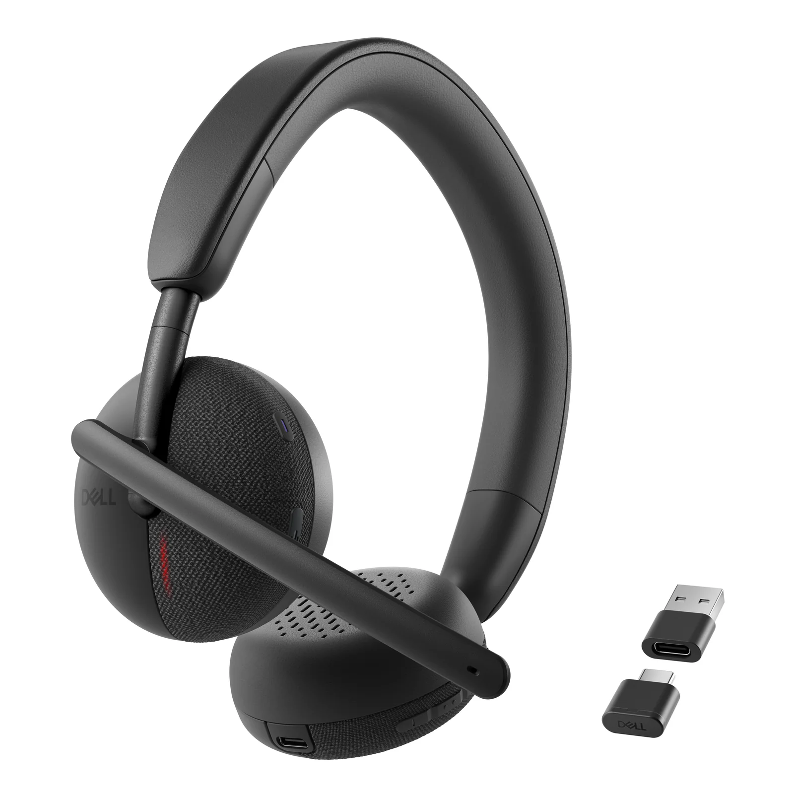 Vue rapprochée du casque sur tranche montrant micro-tige, port USB-C et accessoires dongle