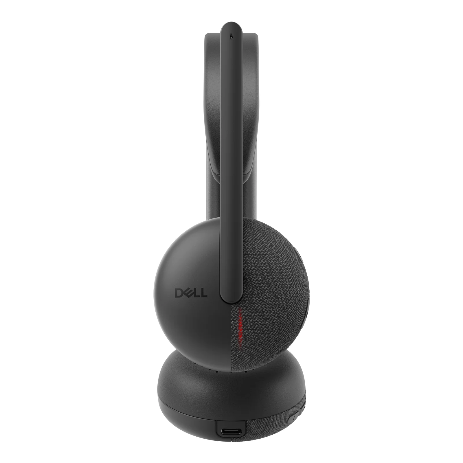 Vue latérale verticale d'une oreillette tissu avec port USB-C de charge visible en bas