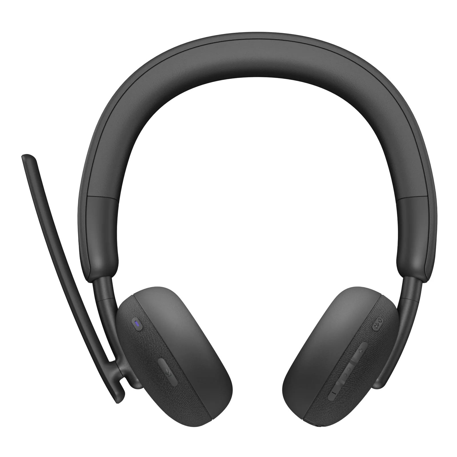 Vue de face du casque, micro-tige déployé à gauche, voyant Bluetooth bleu sur la coque
