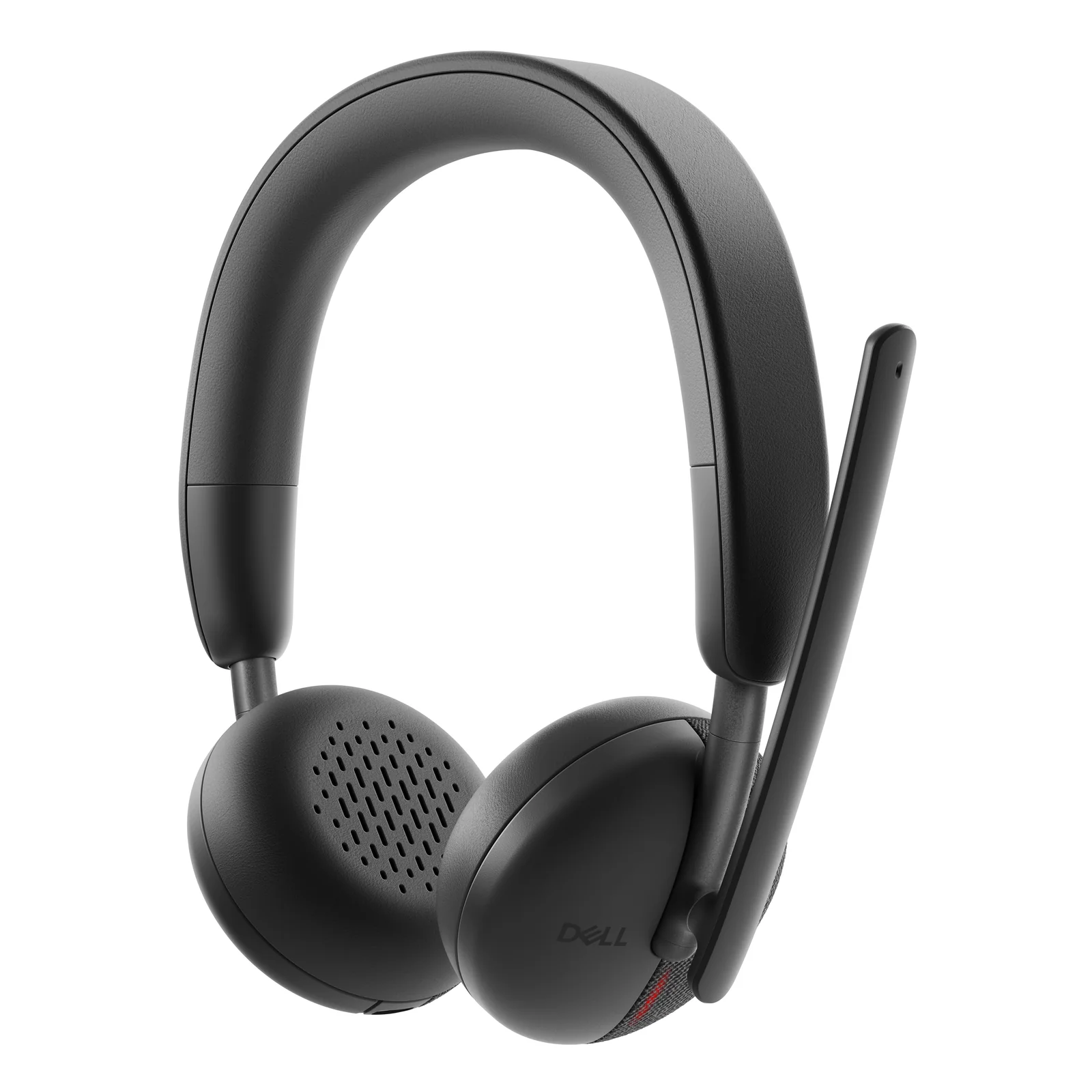 Vue trois quarts du casque montrant coussinets simili-cuir et micro-tige déployé