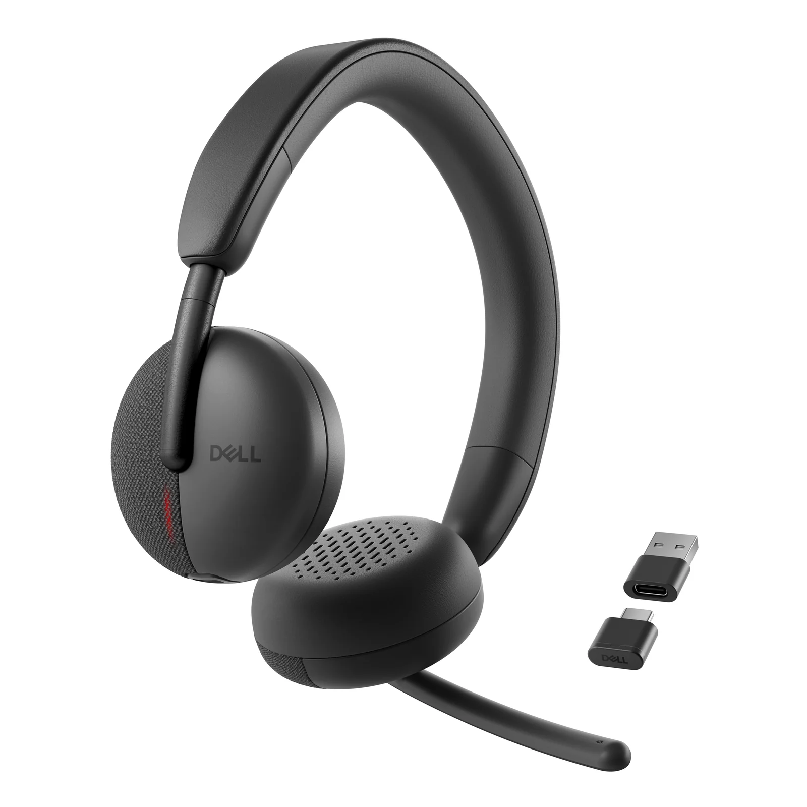 Casque vu trois quarts avec micro-tige déployé et accessoires dongle USB-C et adaptateur USB-A