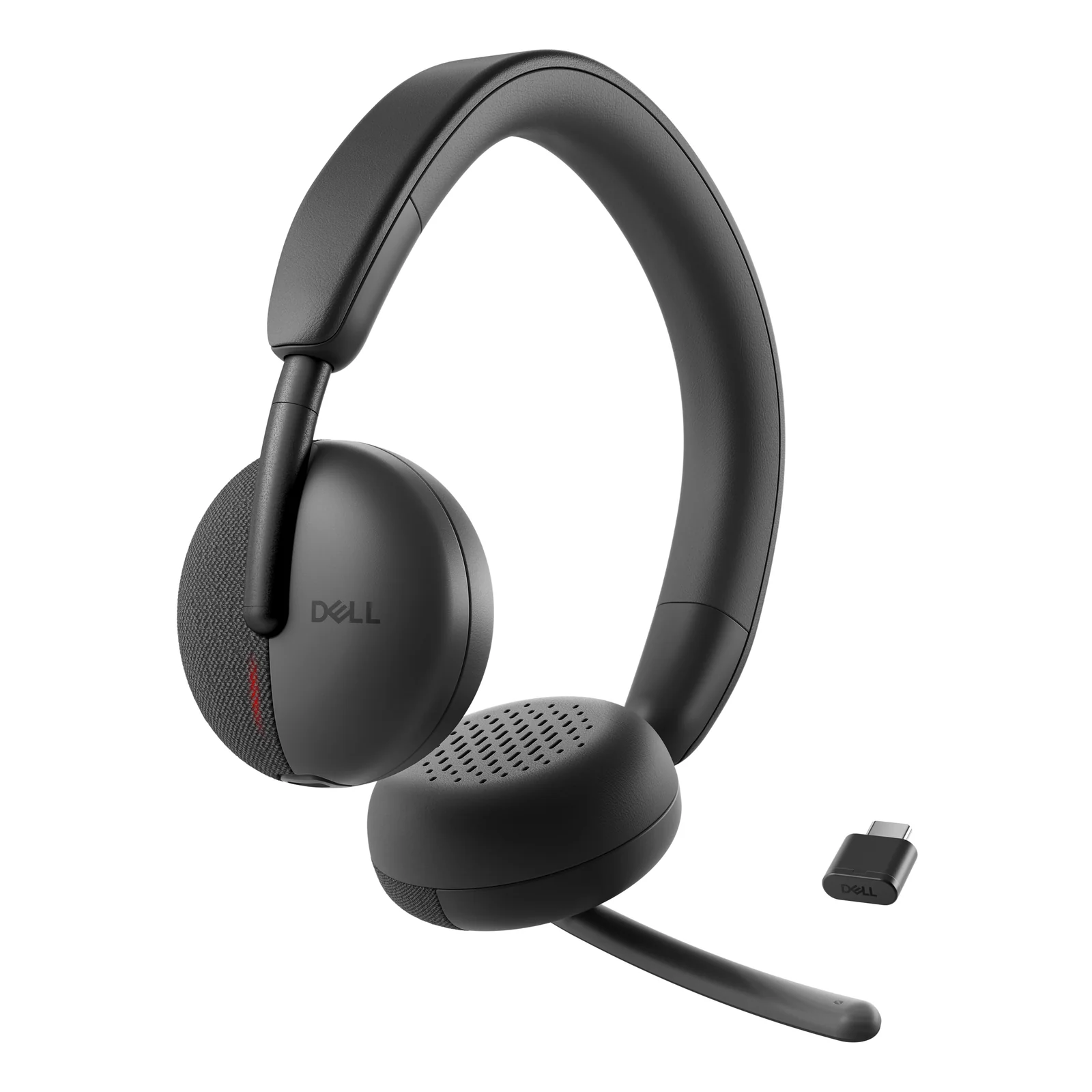Casque vu trois quarts avec dongle USB-C Dell affichant logo, micro-tige déployé en bas