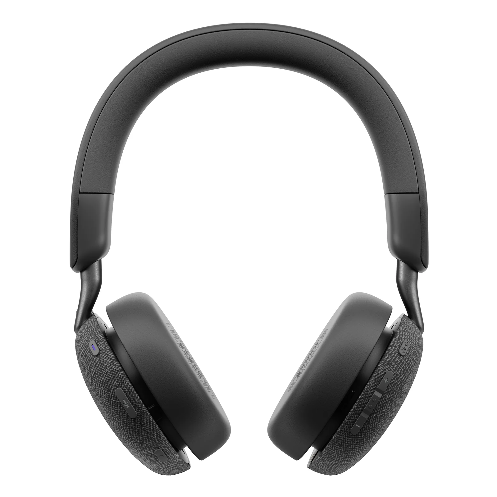 Vue de face des coques tissu avec voyant Bluetooth bleu et boutons de volume sur l'oreillette droite